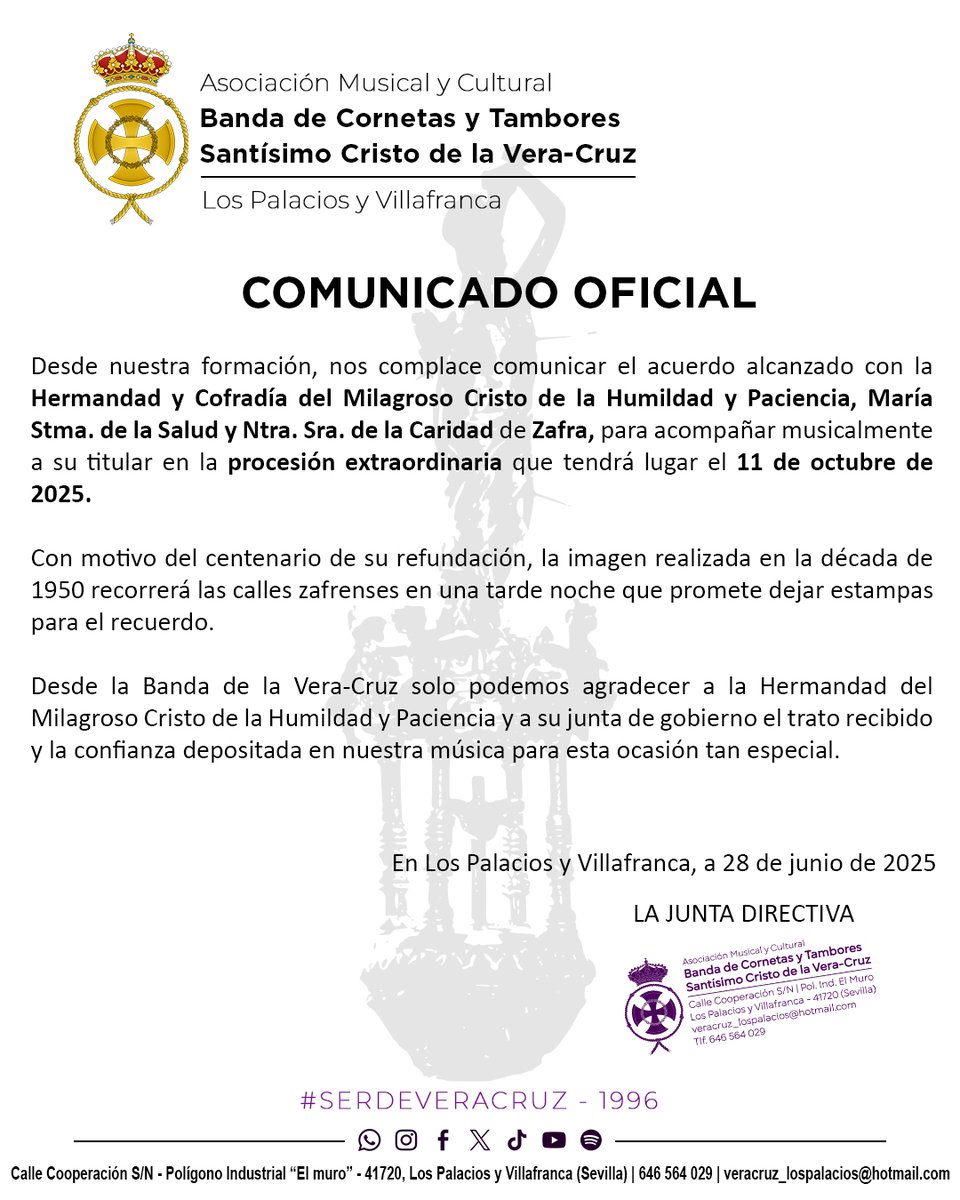 📌 𝐒𝐀𝐋𝐈𝐃𝐀 𝐄𝐗𝐓𝐑𝐀𝐎𝐑𝐃𝐈𝐍𝐀𝐑𝐈𝐀 | 𝟏𝟏 𝐃𝐄 𝐎𝐂𝐓𝐔𝐁𝐑𝐄 𝐃𝐄 𝟐𝟎𝟐𝟓

🗓️ El próximo 11 de octubre acompañaremos al Milagroso Cristo de la Humildad y Paciencia de Zafra en su salida procesional.

#SerDeVeraCruz 💜