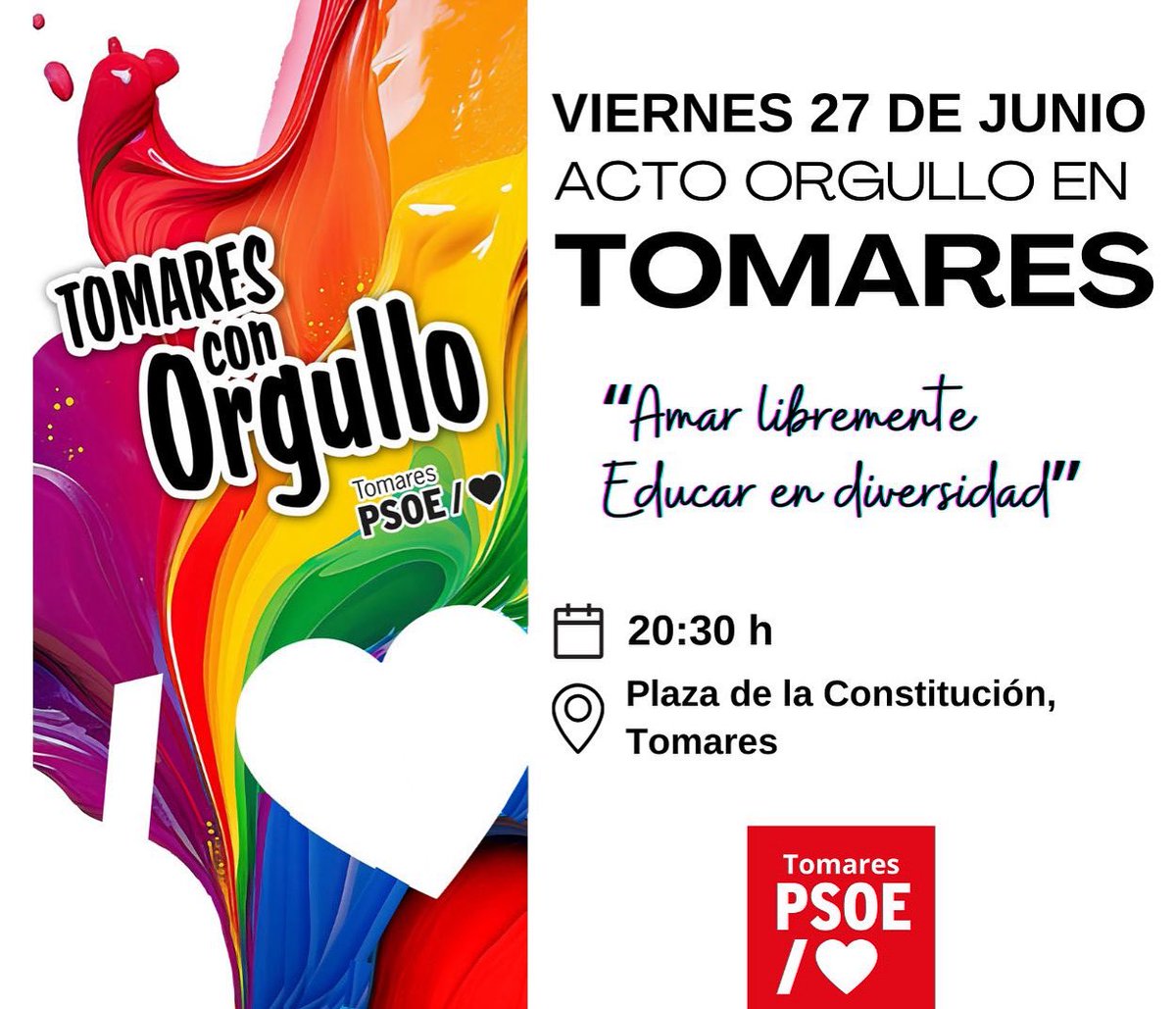 🏳️‍🌈 El próximo viernes #savethedate. Orgullo #Tomares, municipio orgulloso. ¿Nos acompañas? 

#lgtbi #orgullo