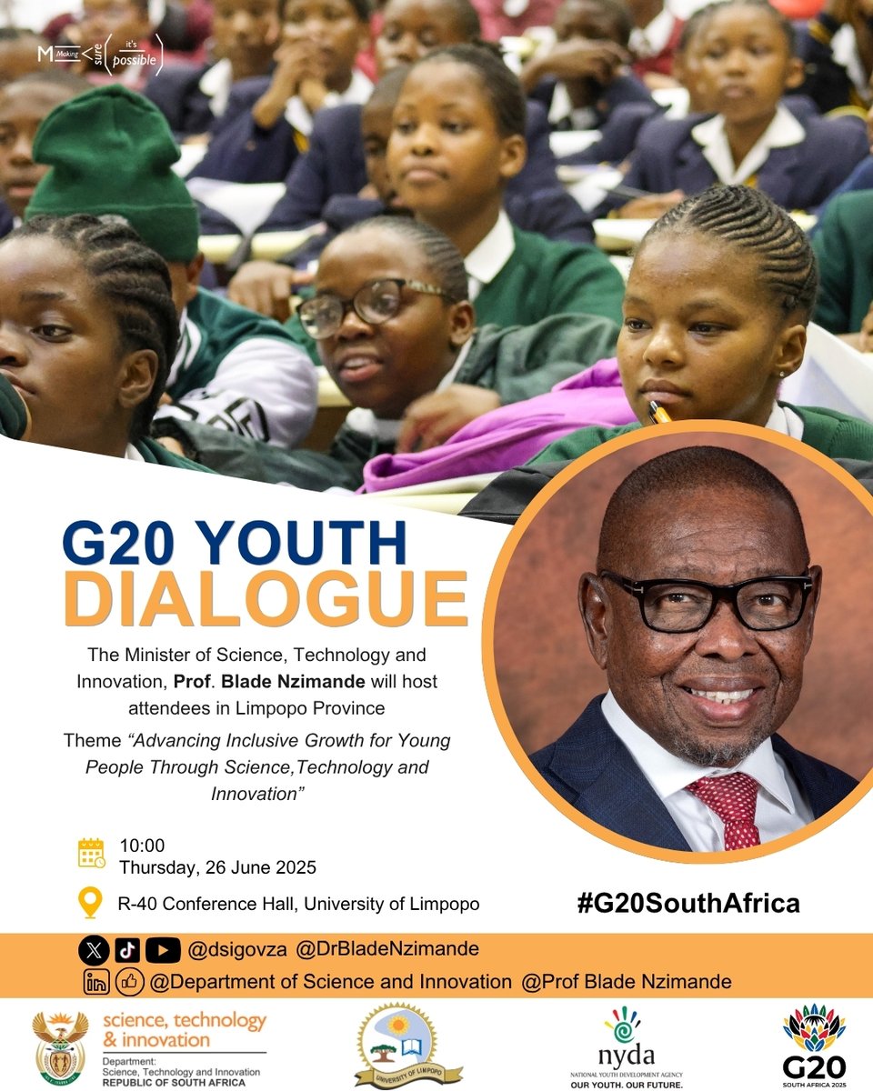 DEPARTMENT OF SCIENCE,TECHNOLOGY & INNOVATION (@dstigovza) on Twitter photo The Minister of Science, Technology and Innovation
<a href="/DrBladeNzimande/">Prof Blade Nzimande</a> is hosting the G20 Youth Dialogue <a href="/ULvarsity/">University of Limpopo</a> today from 10:00. This event provides a platform for youth to influence STI policy in #SouthAfrica Watch:youtube.com/live/LbpOHazxw… #DSTI #G20SouthAfrica The Minister of Science, Technology and Innovation
<a href="/DrBladeNzimande/">Prof Blade Nzimande</a> is hosting the G20 Youth Dialogue <a href="/ULvarsity/">University of Limpopo</a> today from 10:00. This event provides a platform for youth to influence STI policy in #SouthAfrica Watch:youtube.com/live/LbpOHazxw… #DSTI #G20SouthAfrica