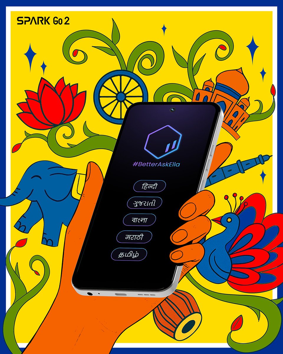 TecnoMobileInd's tweet image. Baat karo apne style mein! Ella AI ab Hindi, Gujarati, Bengali, Marathi aur Tamil samajh sakti hai.

Ye hai kamaal #SparkGo2 ka 😎

Sale shuru hogi Flipkart par 1st July, 12 Noon se.

Aur details ke liye ➡️ knw.one/sparkgo2

#TECNOMobile | #MobileNo1