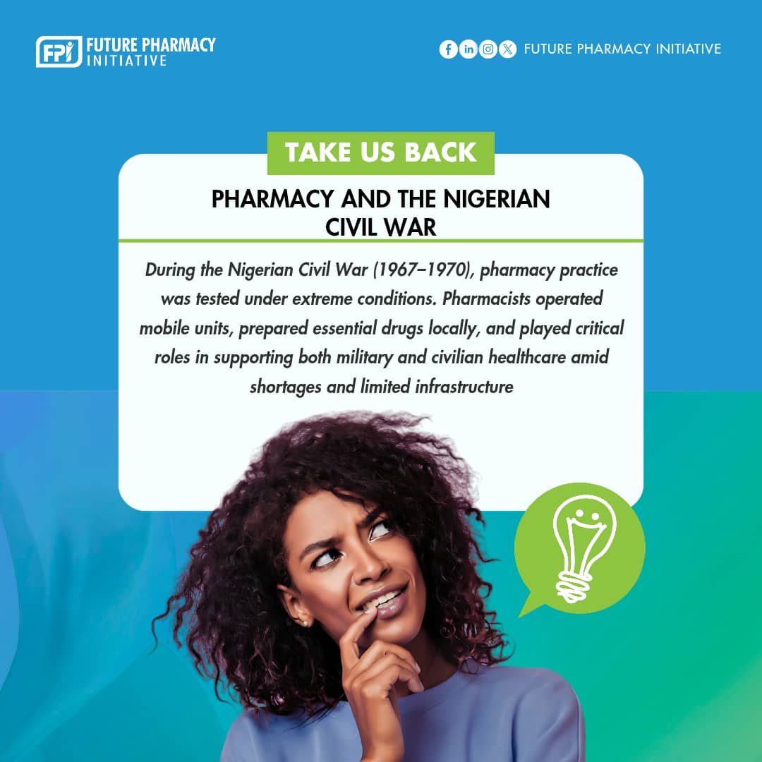 TheFPInitiative's tweet image. During the Nigerian Civil War (1967–1970), pharmacists provided critical care amid chaos — from mobile drug units to local drug formulation. A powerful legacy of resilience and ingenuity. 💊🇳🇬

#TakeUsBack #PharmacyHistory #FuturePharmacyInitiative #PharmacistsInWar
