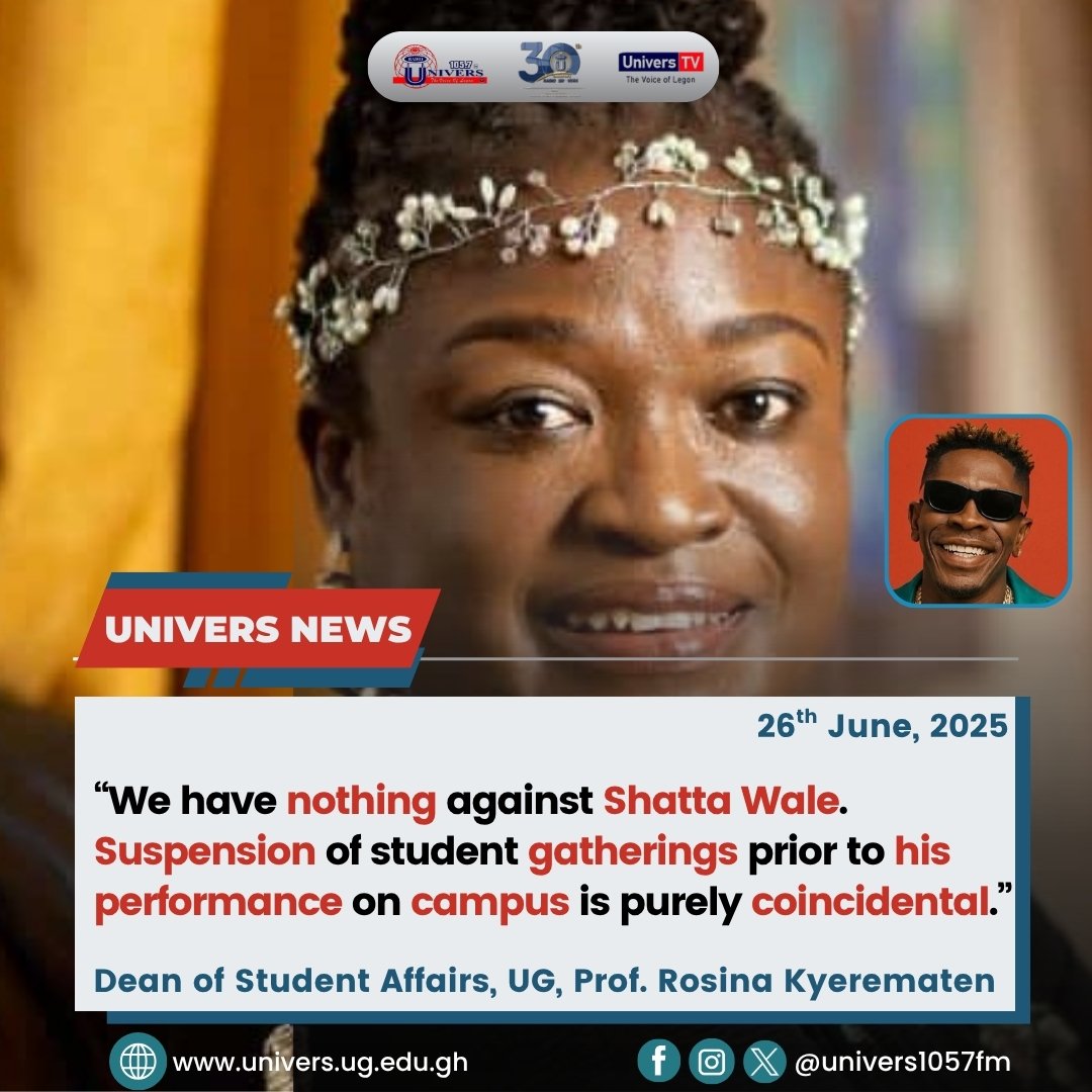 Radio Univers 105.7FM (@univers1057fm) on Twitter photo "We have nothing against Shatta Wale..." - <a href="/UnivofGh/">University of Ghana</a>'s Dean of Student Affairs reacts to the ban on social gatherings ahead of <a href="/shattawalegh/">SHATTA WALE</a>'s performance on Saturday
#CampEx | #UniversNews
#RadioUnivers | #VoiceOfLegon "We have nothing against Shatta Wale..." - <a href="/UnivofGh/">University of Ghana</a>'s Dean of Student Affairs reacts to the ban on social gatherings ahead of <a href="/shattawalegh/">SHATTA WALE</a>'s performance on Saturday
#CampEx | #UniversNews
#RadioUnivers | #VoiceOfLegon
