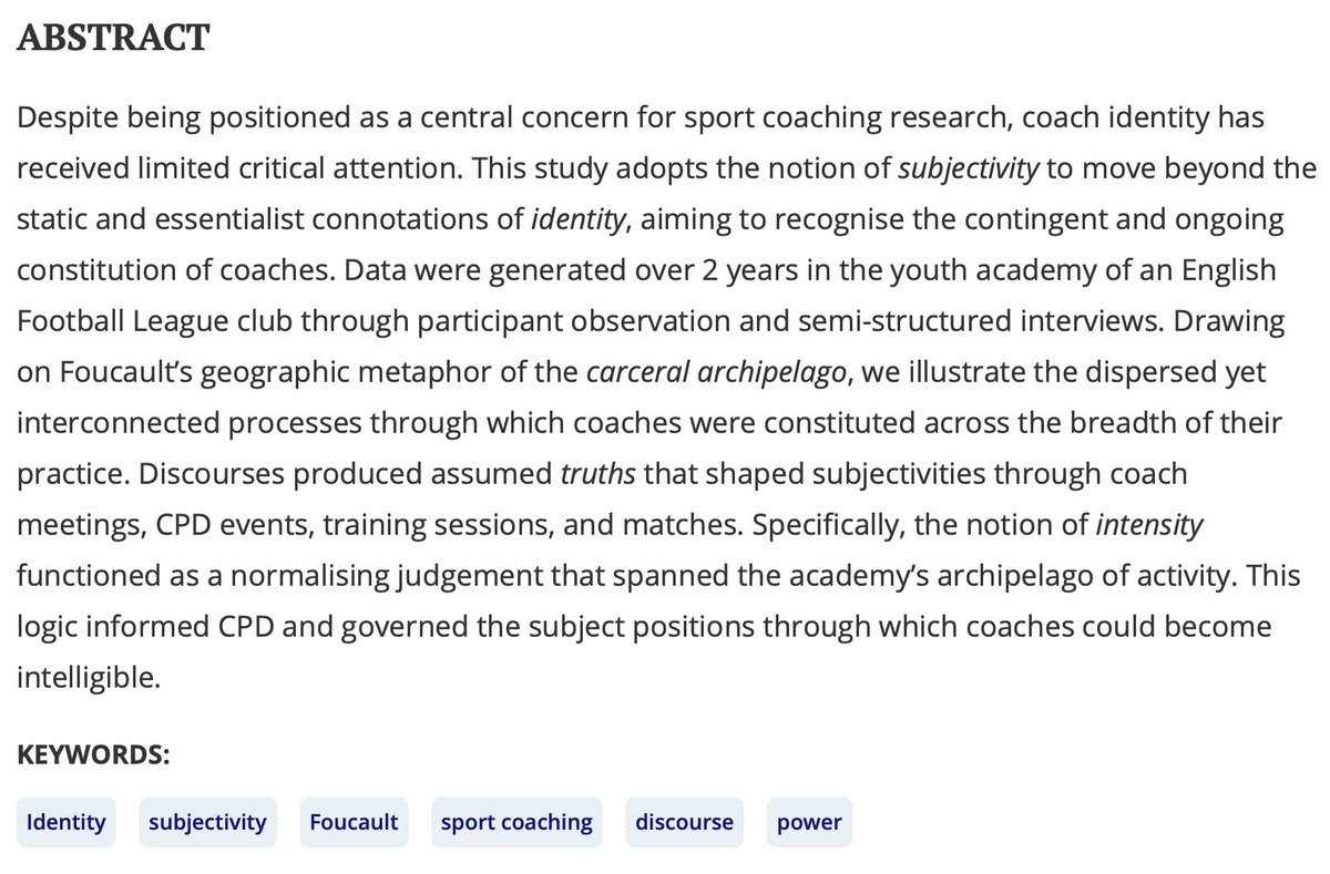 SportsCoachingReview (@sportscoachingr) on Twitter photo “Drive these boys…make sure that’s ingrained in our blood”: theorising coach identity as subjectivities across the coaching ‘archipelago’
@Ianstonebridge & <a href="/CoachC1/">Prof Chris Cushion</a>’s paper is available now <a href="/tandfsport/">Routledge Sport, Leisure, and Tourism</a>;
doi.org/10.1080/216406… “Drive these boys…make sure that’s ingrained in our blood”: theorising coach identity as subjectivities across the coaching ‘archipelago’
@Ianstonebridge & <a href="/CoachC1/">Prof Chris Cushion</a>’s paper is available now <a href="/tandfsport/">Routledge Sport, Leisure, and Tourism</a>;
doi.org/10.1080/216406…