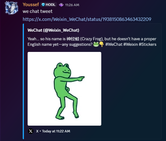 Great start to the day  <a href="/Weixin_WeChat/">WeChat</a> tweeted this frog and our team members were sure to catch it early on sol and bnb

The Frog is Crazy #WECHAT #crazyfrog 

100k --&gt; 800k 8x +
