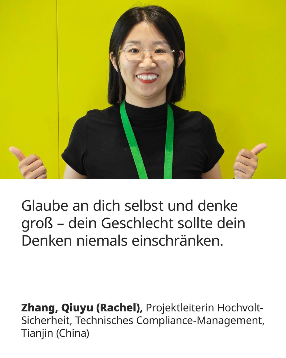 Feiern wir Frauen in der Technik! 🙌💚
Zhang Qiuyu (Rachel) aus China prägt entschlossen die Zukunft der Technik. Als Projektleiterin für Hochvolt Sicherheit inspiriert sie durch tägliches Lernen🤓
Schauen Sie auf ihre Zitatkachel!

#WeAreSchaeffler #TeamGreen #WomenInEngineering