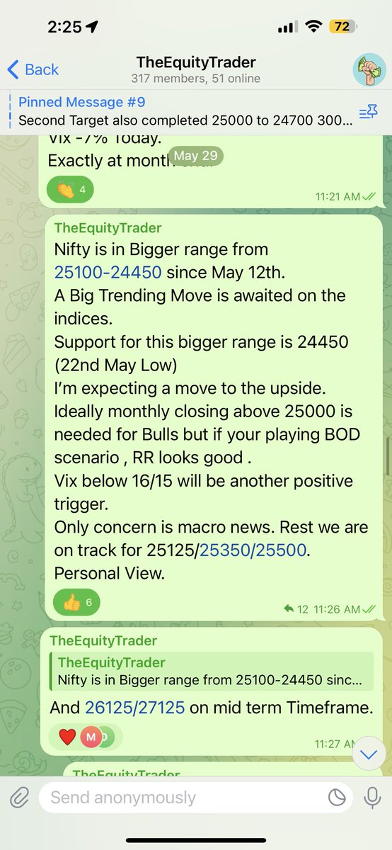 TheEquityTrader's tweet photo. Shared on my free Telegram on May 29th ‘2025 the Short Term TGTs I’m seeing on #NIFTY and the Follow up.
Since then:
Nifty moved 500 Points✅
All 3 of my Short Term TGTs achieved✅
#TradeLessTradeBest
If you want to Join: https://t.co/GjjdYAmTPm
(note: those left after joining won’t be added back)
#BankNifty #StockMarketIndia