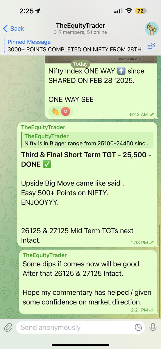 TheEquityTrader's tweet photo. Shared on my free Telegram on May 29th ‘2025 the Short Term TGTs I’m seeing on #NIFTY and the Follow up.
Since then:
Nifty moved 500 Points✅
All 3 of my Short Term TGTs achieved✅
#TradeLessTradeBest
If you want to Join: https://t.co/GjjdYAmTPm
(note: those left after joining won’t be added back)
#BankNifty #StockMarketIndia