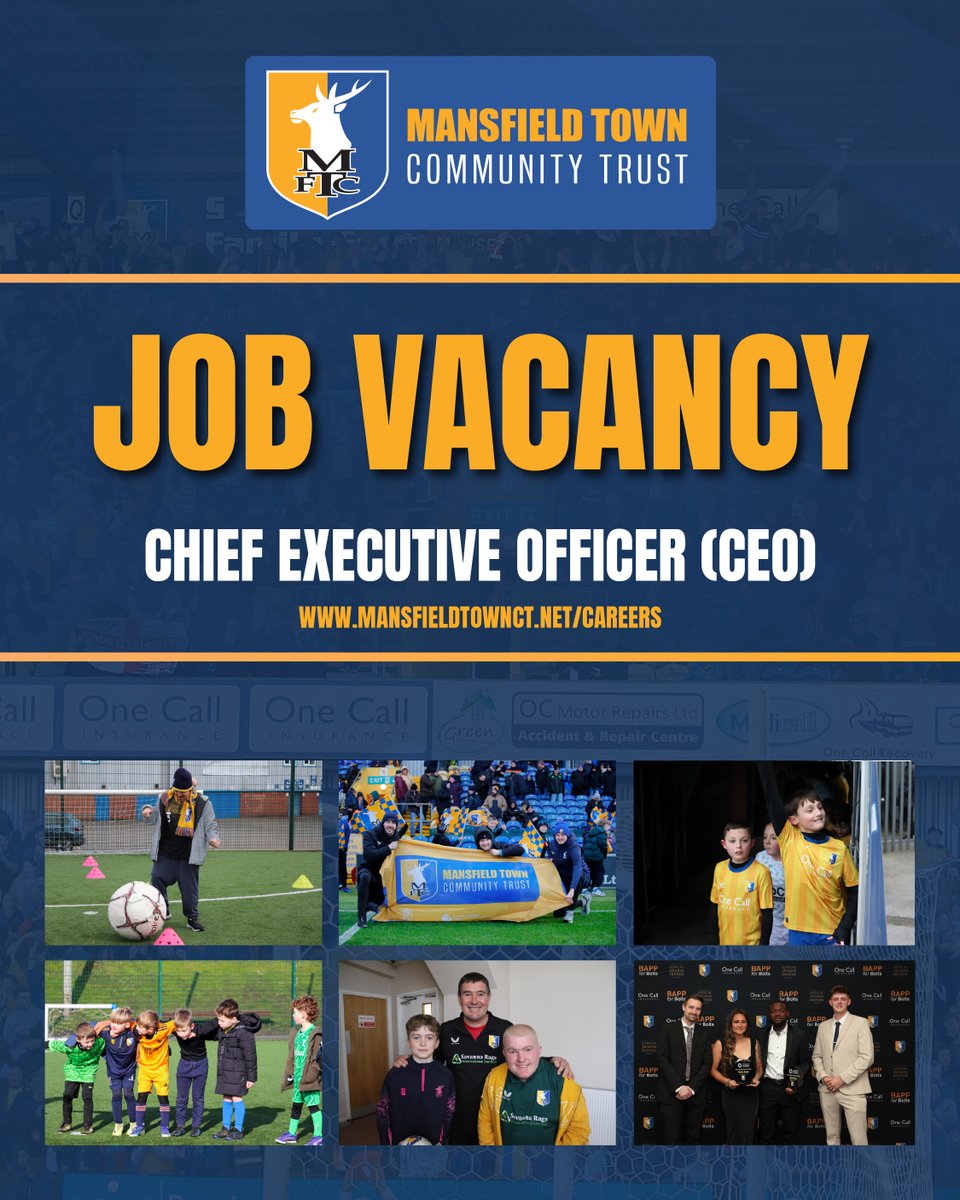 MTFC_CT's tweet photo. 🚨 Final Call: CEO Applications Close Tomorrow!
Mansfield Town Community Trust is looking for a visionary Chief Executive Officer to lead our mission—empowering the people of Mansfield through football, sport, and community programmes.

If you’re driven by strategic leadership, community impact, and sustainable growth, this is your moment.
Deadline: Friday 27 June 2025
Apply now with your CV and cover letter 👉 https://t.co/nsAdWYxsTe

#Stags