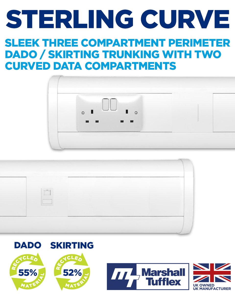 MTufflex's tweet image. Sterling Curve is a sleek three compartment perimeter trunking ✅

Available in dado &amp;amp; skirting 🔌

Manufactured with a recycled content of 55% (dado), and 52% (skirting) ♻️

#PerimeterTrunking #Dado #Skirting #Trunking #ElectricalInstallation #SustainableInstallation