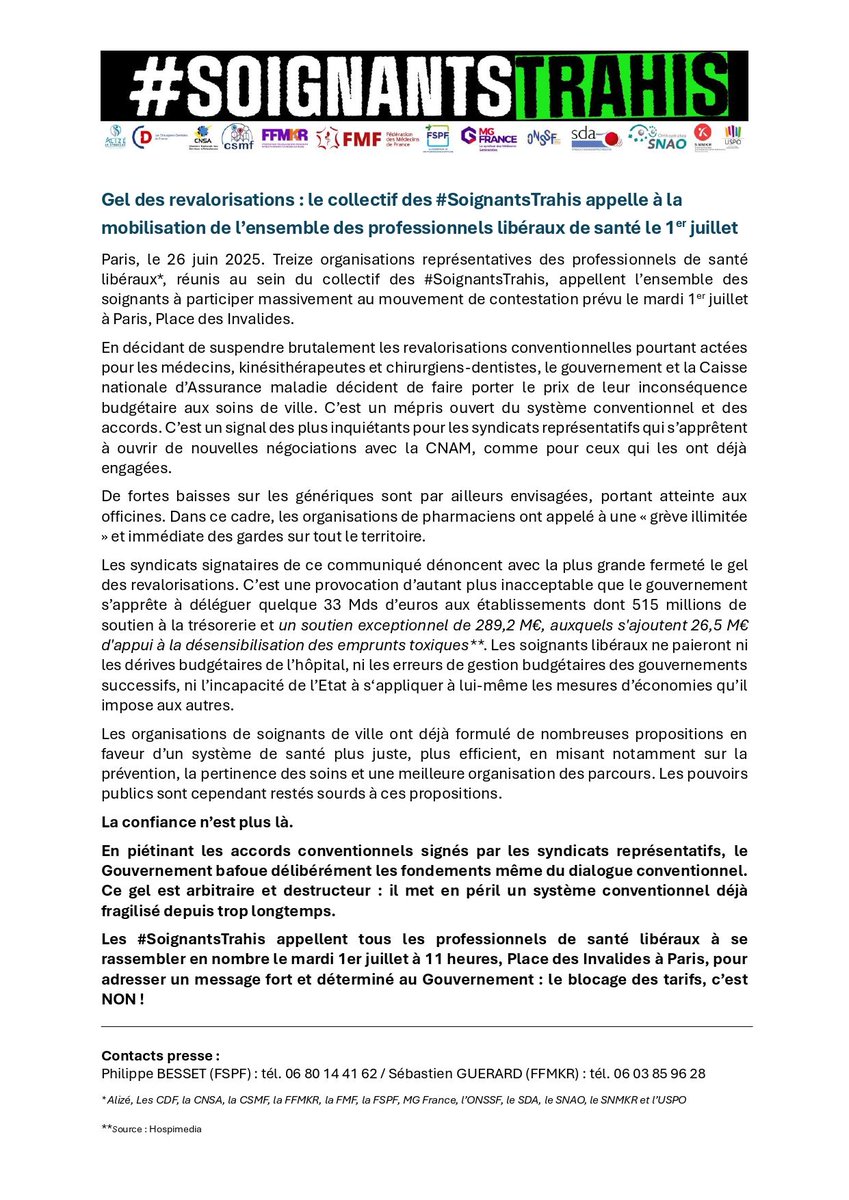 CSMF_officiel (@csmf_officiel) on Twitter photo Communiqué de presse 
Gel des revalorisations : le collectif des #SoignantsTrahis appelle à la mobilisation de l'ensemble des professionnels libéraux de santé le 1er juillet 2025 Communiqué de presse 
Gel des revalorisations : le collectif des #SoignantsTrahis appelle à la mobilisation de l'ensemble des professionnels libéraux de santé le 1er juillet 2025
