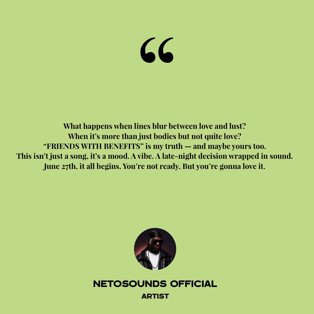 netosounds's tweet photo. “Friends with Benefits” drops tomorrow.
Sexy, raw, real. You’re not ready 😈🔥
Stream it. Share it. Let’s do this.
#FriendsWithBenefits #NetoSounds https://t.co/zJGuiOnZP4