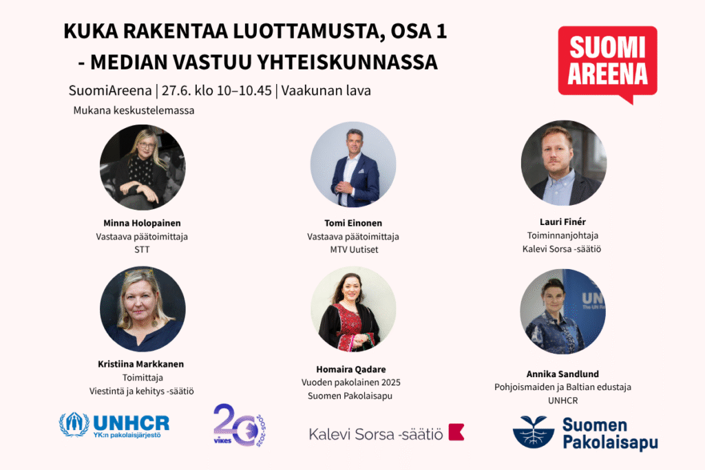 Kalevi Sorsa -säätiö (@sorsafoundation) on Twitter photo Meidätkin löytää Suomiareenasta huomenna! Vaakunan lavalla klo 10 luvassa keskustelua median vastuusta yhteiskunnassa. Aihetta käsitellään oikeudenmukaisen siirtymän ja pakolaisuuden kautta. 
Tilaisuuden striimiä voi seurata täältä: 
mtv.fi/video/2ee32374… Meidätkin löytää Suomiareenasta huomenna! Vaakunan lavalla klo 10 luvassa keskustelua median vastuusta yhteiskunnassa. Aihetta käsitellään oikeudenmukaisen siirtymän ja pakolaisuuden kautta. 
Tilaisuuden striimiä voi seurata täältä: 
mtv.fi/video/2ee32374…