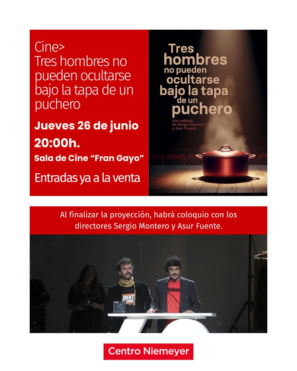 🎬 Una historia real que merece ser contada
No te puedes perder esta tarde «Tres hombres no pueden ocultarse bajo la tapa de un puchero», un emotivo documental asturiano que entrelaza teatro, memoria y resistencia.

🗓️ 26 de junio · 20:00 h
📍 Sala Cine "Fran Gayo"