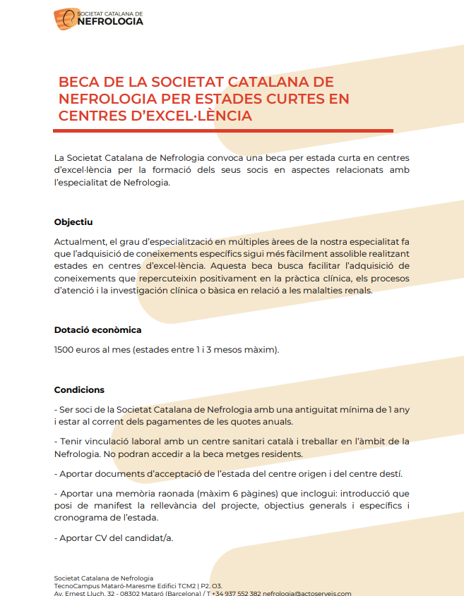 nefrocat's tweet image. 📢 La Societat Catalana de Nefrologia obre convocatòria de beca per estades curtes en centres d’excel·lència!
🎓 Formació especialitzada en Nefrologia
📌 Només per socis/es SCN
📅 Data límit per presentar els treballs: 1 d'octubre de 2025.
➕linke.to/BecaEstadesCur…
#Beques