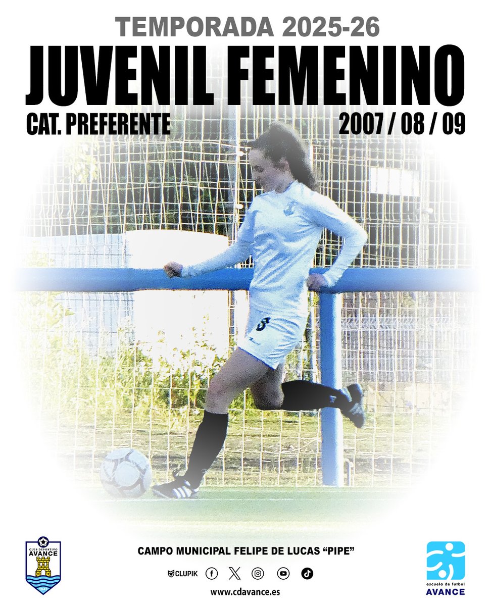 C.D.Avance (@cdavance) on Twitter photo Temporada 2025/26 ⚽️⚽️⚽️
Juvenil Femenino 2007/08/09
Categoría Preferente
☎️ 91 882 40 35
📧 escueladefutbolavance@hotmail.com
🏟️ Felipe de Lucas "PIPE"
#somosdelavance Temporada 2025/26 ⚽️⚽️⚽️
Juvenil Femenino 2007/08/09
Categoría Preferente
☎️ 91 882 40 35
📧 escueladefutbolavance@hotmail.com
🏟️ Felipe de Lucas "PIPE"
#somosdelavance