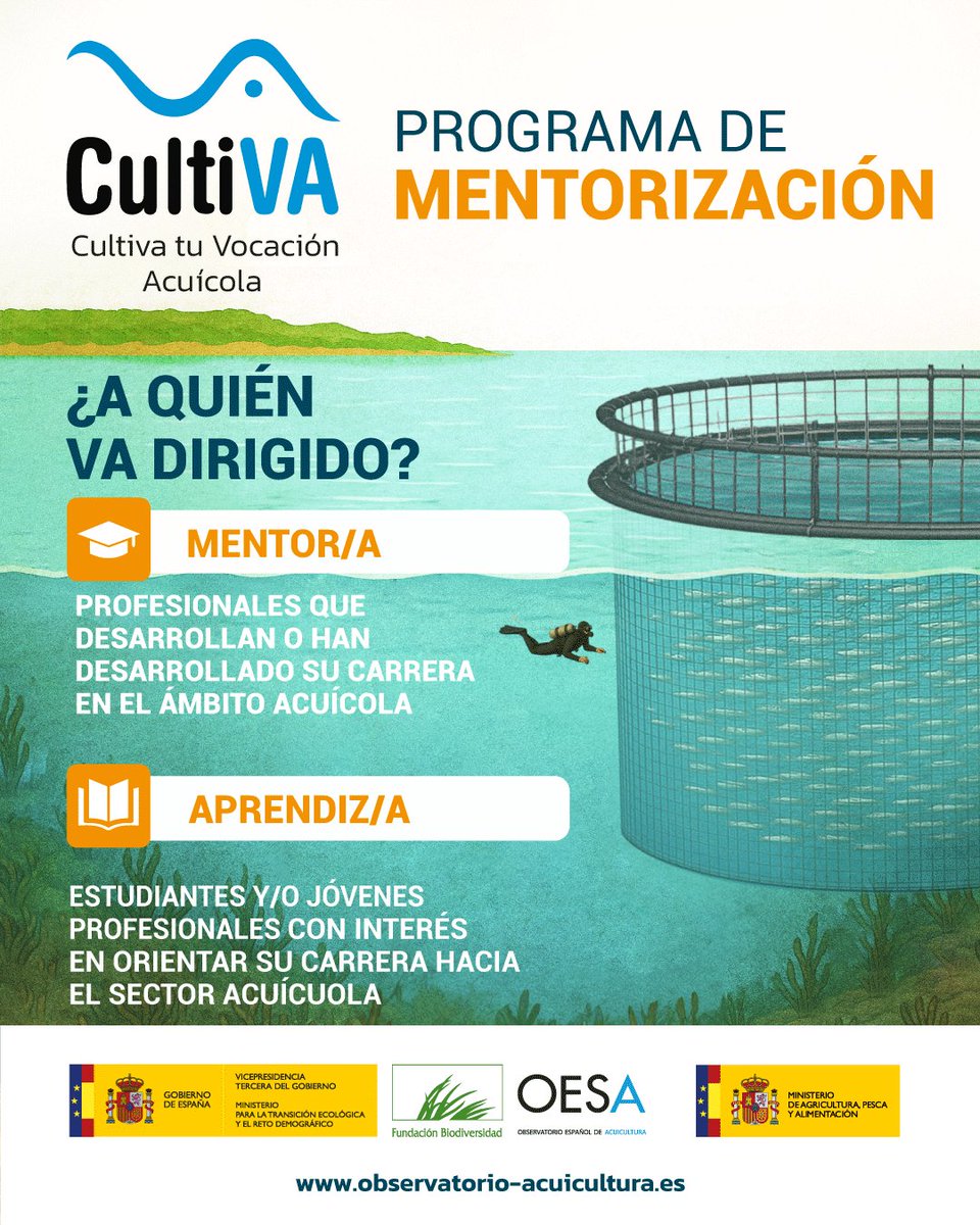 FBiodiversidad's tweet image. ¿Te interesa la #acuicultura? ¿Quieres formarte o compartir tu experiencia como mentor/a?

¡Apúntate al #ProgramaCultiVA!

📝 Inscripciones abiertas 
🗓️ 9 de septiembre
⏳ Duración: 3 meses

➕ Info 👉 observatorio-acuicultura.es/programa-culti…

#ObservatorioEspañoldeAcuicultura