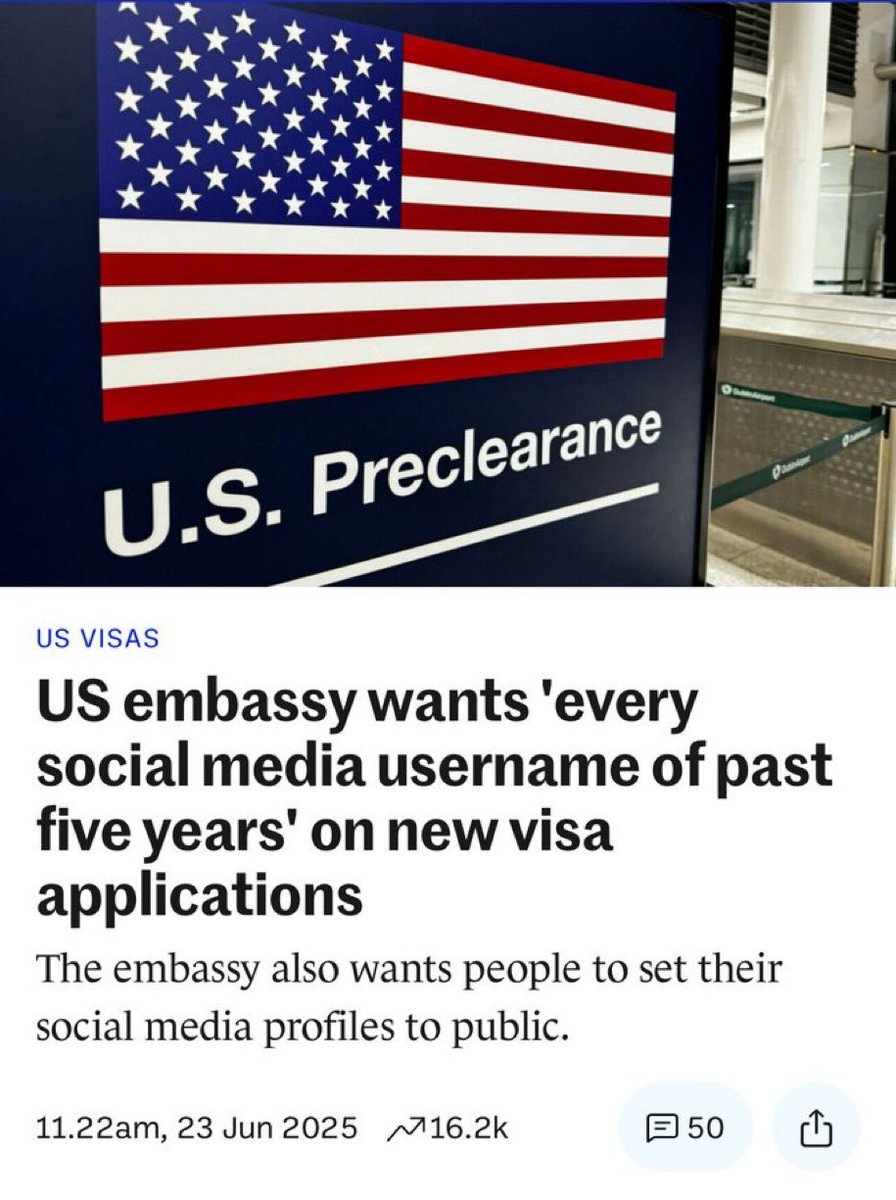 Megatron_ron's tweet photo. NEW:

🇺🇲 The U.S. embassy now wants every visa applicant to list all social media usernames from the past 5 years and make their profiles public.

In order to check if you are an "anti-Semitic" or you just don't support Israel. https://t.co/KlvWoOCC4t