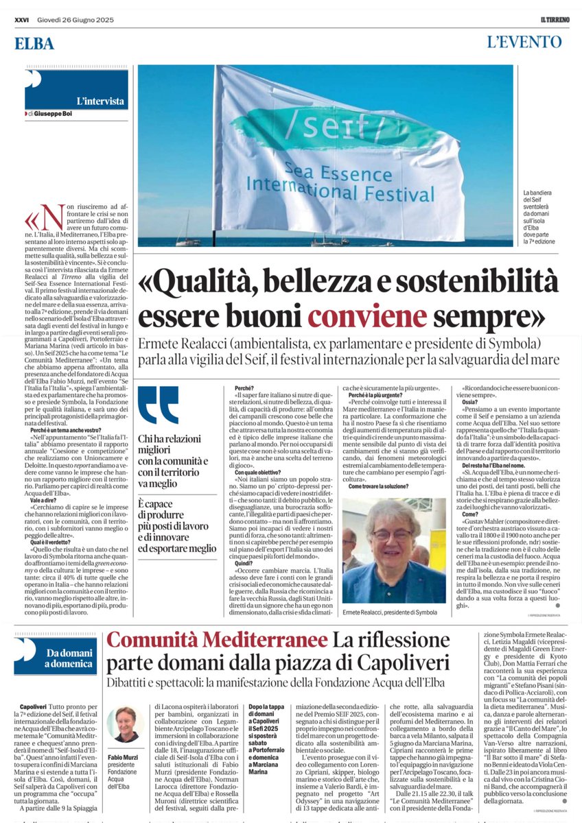 Ermete Realacci (@erealacci) on Twitter photo Venerdì 27 sarò all'Elba per #SEIF2025, il festival di <a href="/AcquadellElba/">Acqua dell'Elba</a> dedicato alla tutela e valorizzazione del #mare e delle sue comunità. Con <a href="/letimagaldi/">Letizia Magaldi</a>, <a href="/mattiaferrari93/">don Mattia Ferrari</a> e <a href="/estpisani/">Stefano Pisani</a> ragioneremo sulla forza di comunità e territori nella transizione verde.
Acqua dell'Elba di Venerdì 27 sarò all'Elba per #SEIF2025, il festival di <a href="/AcquadellElba/">Acqua dell'Elba</a> dedicato alla tutela e valorizzazione del #mare e delle sue comunità. Con <a href="/letimagaldi/">Letizia Magaldi</a>, <a href="/mattiaferrari93/">don Mattia Ferrari</a> e <a href="/estpisani/">Stefano Pisani</a> ragioneremo sulla forza di comunità e territori nella transizione verde.
Acqua dell'Elba di