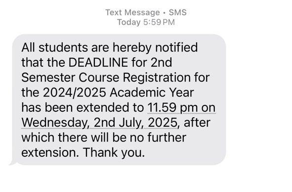 Noticeboardgh's tweet photo. 📍📍ATTENTION STUDENTS 📍📍
We are been informed that the deadline for the second semester course registration has been extended to Wednesday, 2nd July 2025 at 11:59pm.

There will not be any extension after the deadline. https://t.co/8sDW4QHi4T