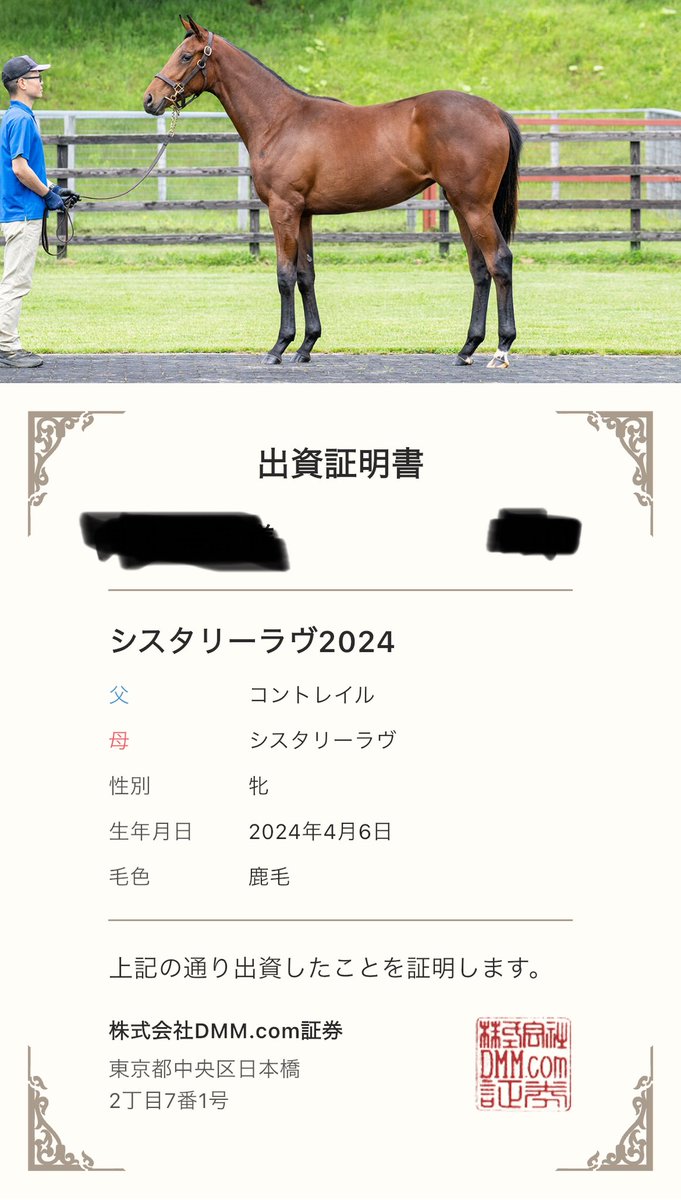 otomakan52's tweet photo. 兄のグランデスフィーダに続き、
今年はシスタリーラヴ2024牝馬に出資‼︎
初のコントレイル産駒をゲット‼︎
お兄ちゃん達に負けない活躍を期待‼︎
ご一緒の皆様、よろしくお願いいたします😊 https://t.co/FGjSWgl5aO