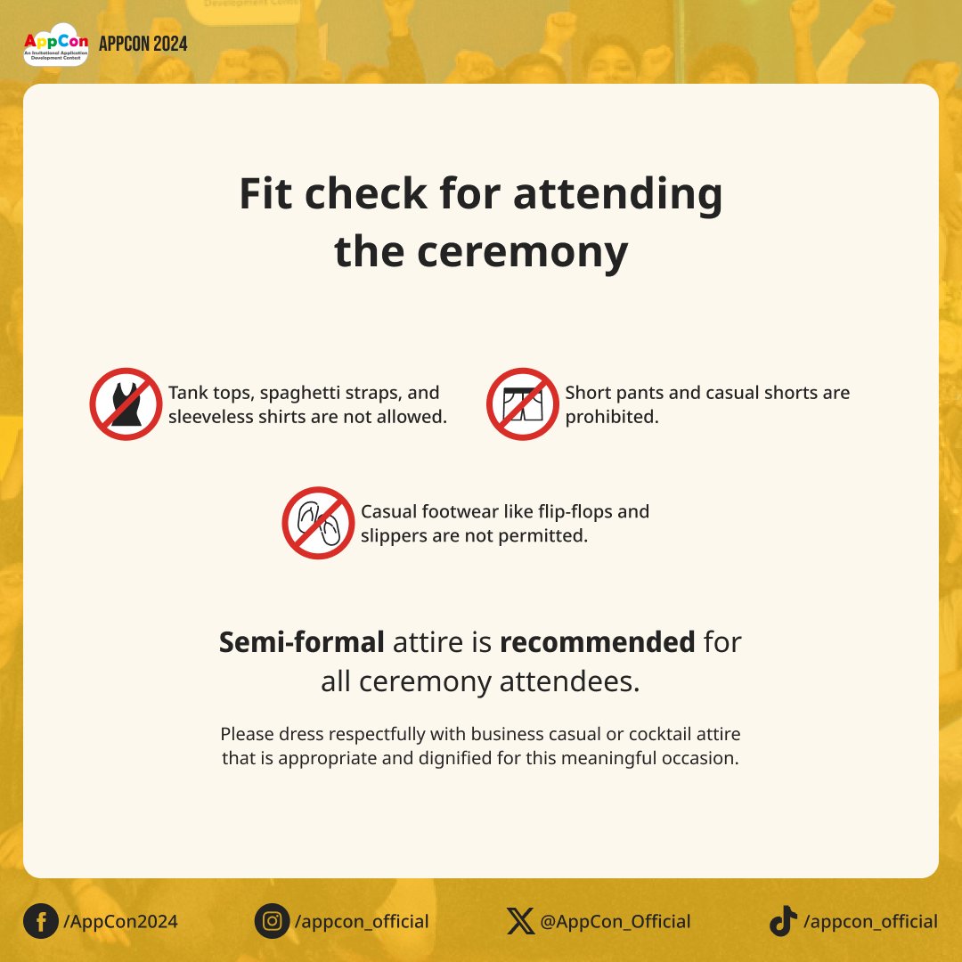 AppCon_Official's tweet photo. Got your outfit ready? 😎 Just a quick reminder to stick to the dress code for APPCON! Let’s keep it fun, comfy, and within the rules. See ya soon! 👕✨ https://t.co/xM3nA4giUj