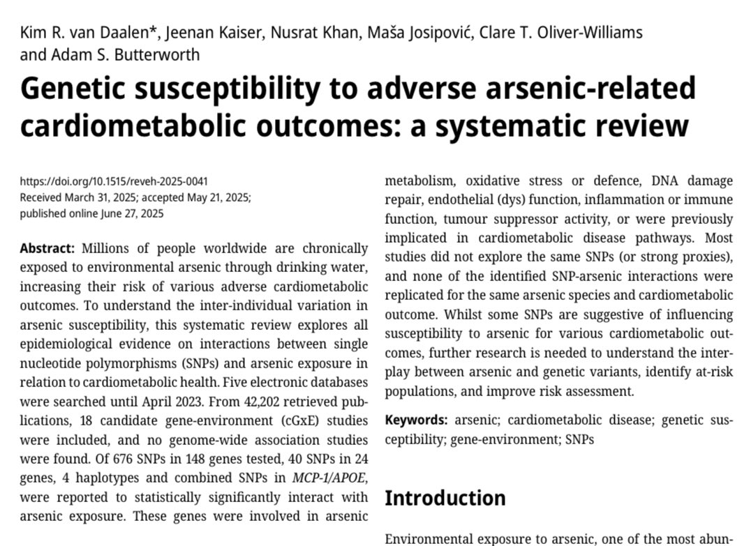Millions of people worldwide 🌍 are chronically exposed to environmental arsenic. 

In this new 📄, we explore whether associations between environmental arsenic &amp; risk of adverse cardiometabolic 🫀outcomes change in the presence of common genetic 🧬 variations. ⬇️