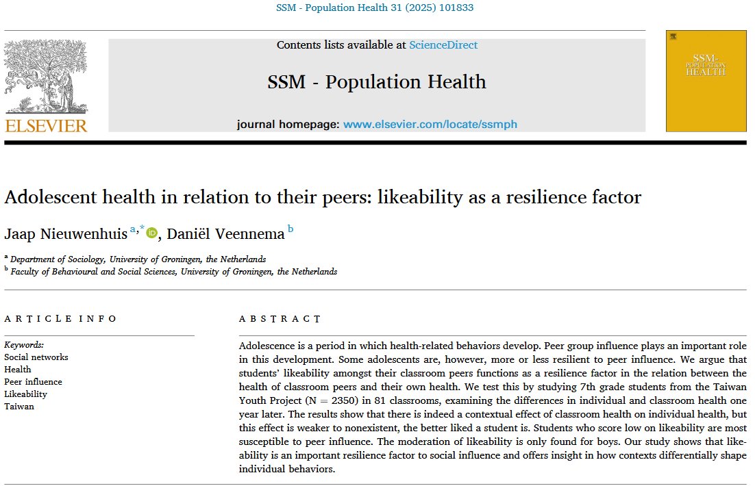 New paper in SSM - Population Health: Adolescent health in relation to their peers: likeability as a resilience factor

doi.org/10.1016/j.ssmp…