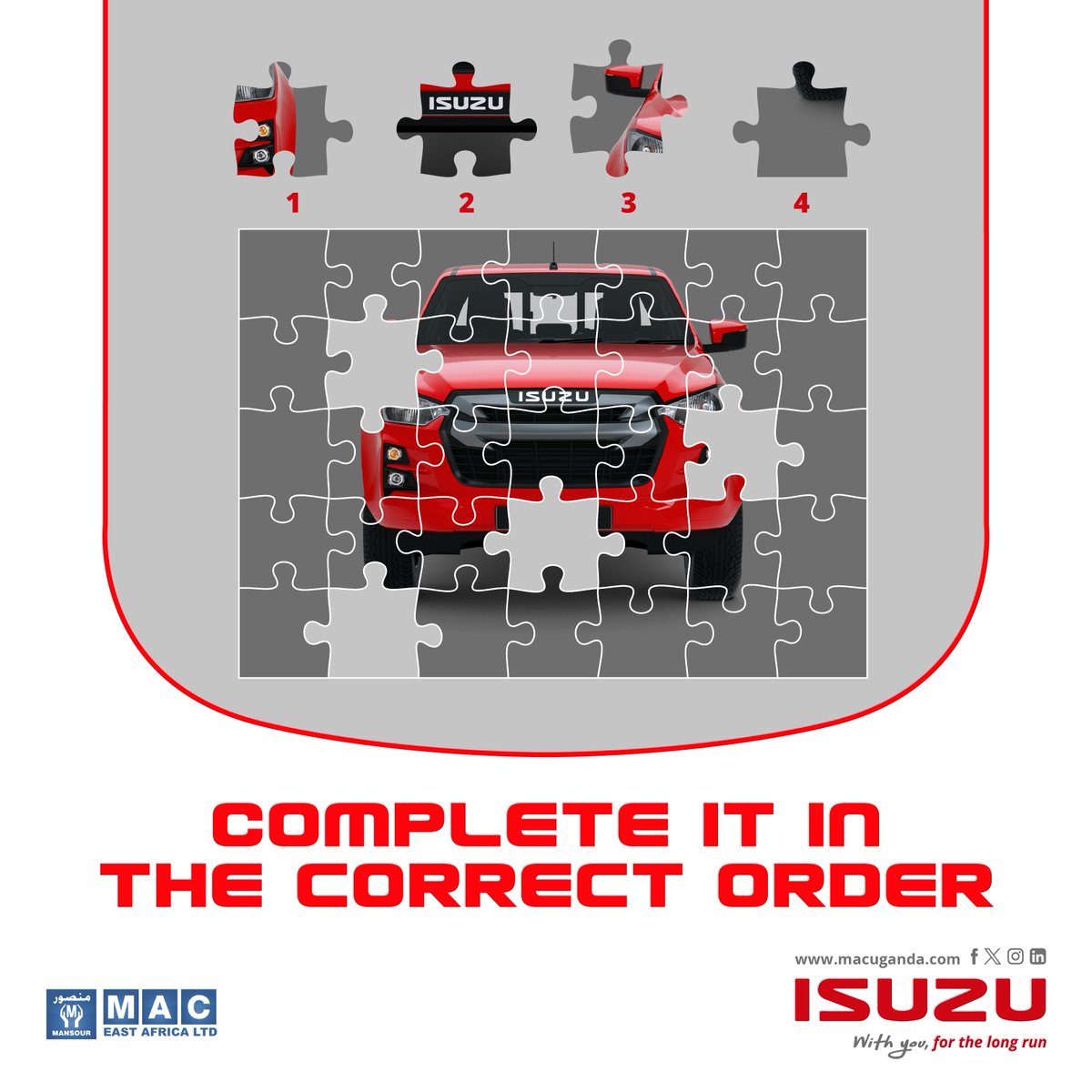 Think you're a puzzle master? 

Show us the correct order for this Isuzu masterpiece!

Share your answer in the comments below  

#WithYouForTheLongRun || #Isuzu