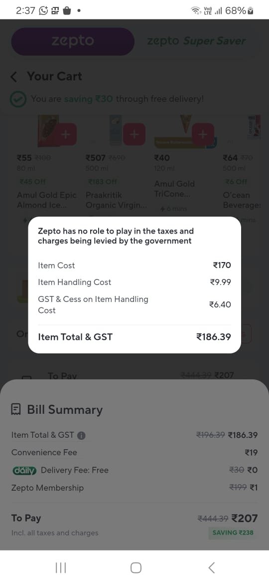 asheemtapadia's tweet photo. Dear @ZeptoNow @zeptocares In which world is the gst &amp; cess on handling cost comes to 6.40 on a gst of 9.99 - how are these calculations done &amp; why it is all hidden various tabs. A customer has to keep diving deeper into it to know what you guys are doing
@nsitharaman https://t.co/nOAWqUxRFS