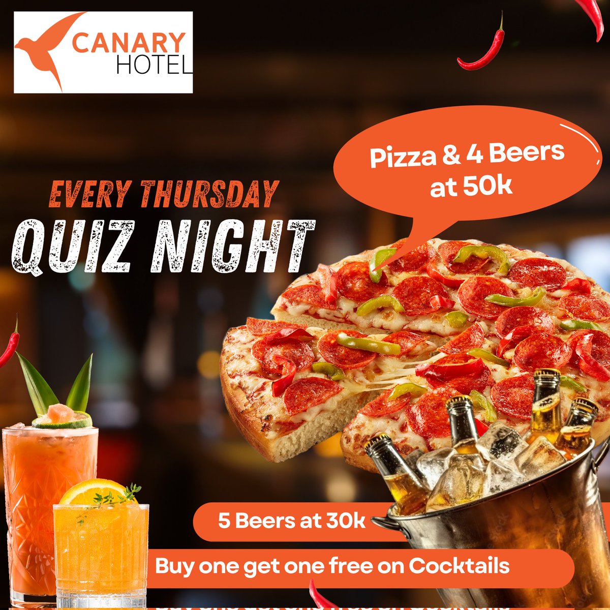 The banks have started again.🙆🏾‍♂️ I already know that I shouldn't share the PIN, what I want to see is some money😭 Anyway, sticking to things that make us happy, it's pizza &amp; beer day with a side dish of Quiz 🥳🥳🥳  The Cocktails come in pairs🍹🍹
Quiz at Canary Hotel Bukoto.