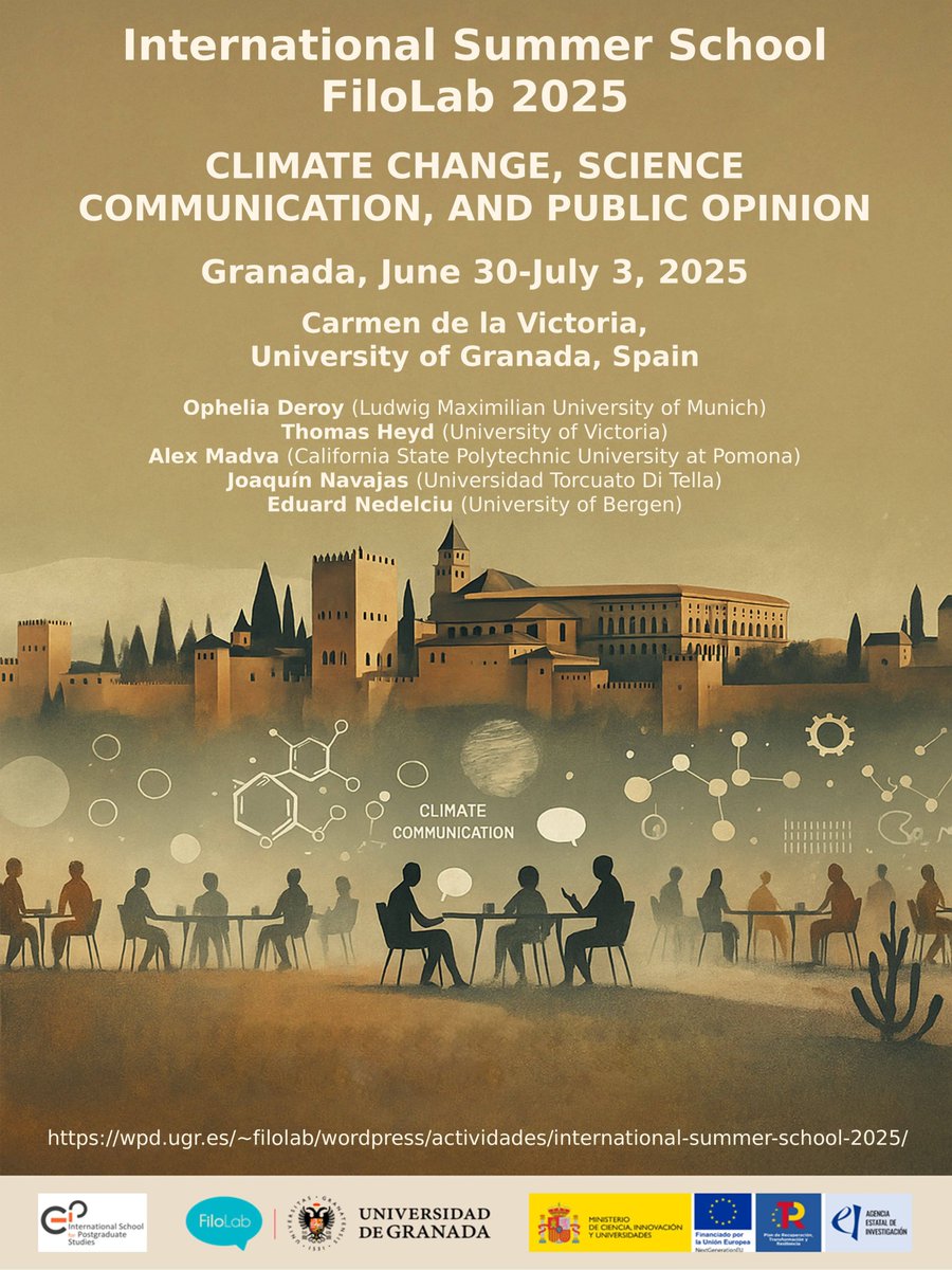 FiloLab_UGR's tweet image. 🌍 The final programme for the FiloLab 2025 International Summer School — Climate Change, Science Communication, and Public Opinion — is now available!
🗓️ June 30 – July 3 | 📍 Granada, Spain
📄 Download here: drive.google.com/file/d/18Z7VWq…