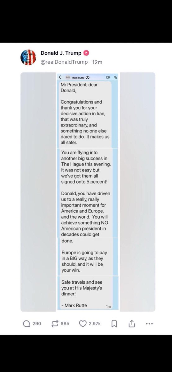 Unterwürfiger gehts kaum noch! NATO-Generalsekretär #Rutte gratuliert zum völkerrechtswidrigen Angriff auf den #Iran #NATO auflösen #DropNato not bombs!