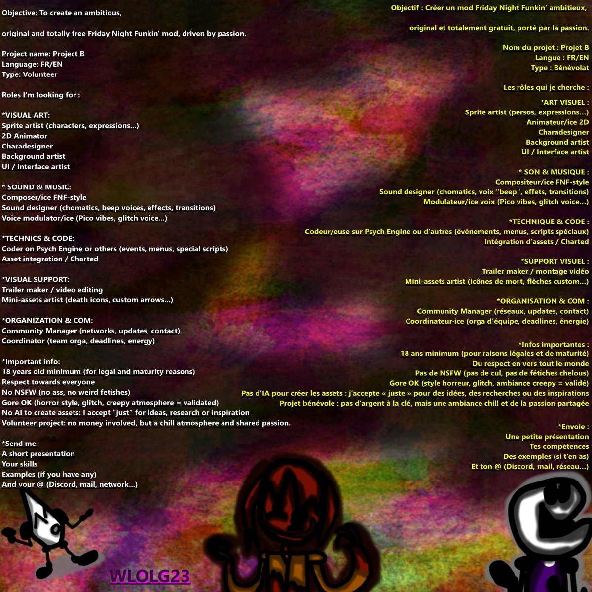 WLOLG23's tweet photo. Yo la commu FNF !

Je lance un gros projet ambitieux, avec pour chaque weeks, une direction artistique différentes. Une ambiance entre la joyeux et le gore. 

Je cherche des talents (art, code, musique…) pour créer un mod qui sort du lot.   

Intéressé(e) ? MP-moi direct ! https://t.co/kdsZc1lFF0