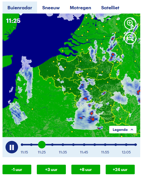 Vanmiddag is het zwaar bewolkt en er trekken buien door het land. In de loop van de namiddag beperken de buien zich grotendeels tot het centrum en het oosten van het land. 20 - 24 °C bij ZW-wind 3-4 Bft.