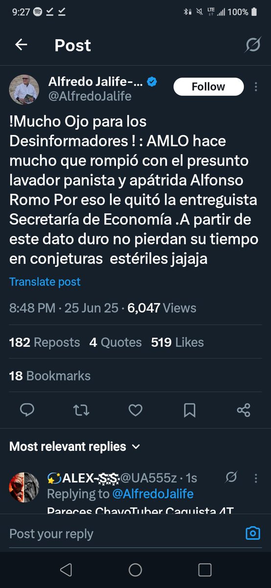 aleg77228's tweet photo. Libanés cerote "analista" guango @AlfredoJalife

Al puro estilo ChayoTuber Caquista 4T como gato boca arriba. 

Ezdeke AMLO rompiò con Romo.

El cacas @lopezobrador_
dijo todo lo contrario.

"Todos los negocios jugosos de corrupciòn llevan el visto bueno del presidente" https://t.co/UaHcCuSKea