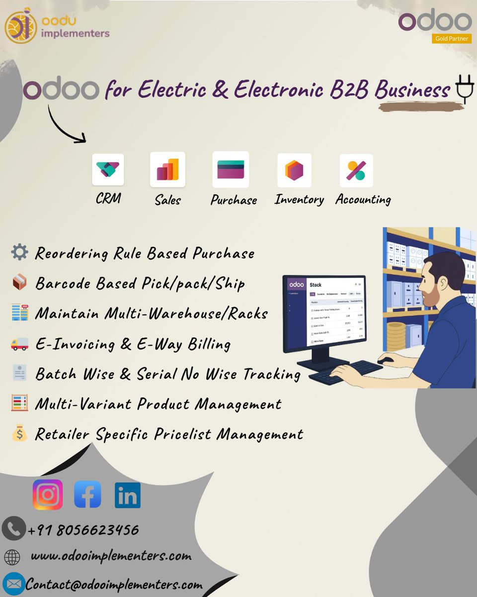 Oodu6's tweet photo. Still switching tools for dealers, inventory &amp; service?

Switch to Odoo ERP—a cloud solution for Electronics &amp; Electricals.

✅ Dealer portal
✅ Real-time tracking
✅ Field Service &amp; CRM
✅ E-Invoicing &amp; more

Book a demo now!

#OdooERP #B2B #SmartInventory #DigitalTransformation https://t.co/vm5ErT6Jni