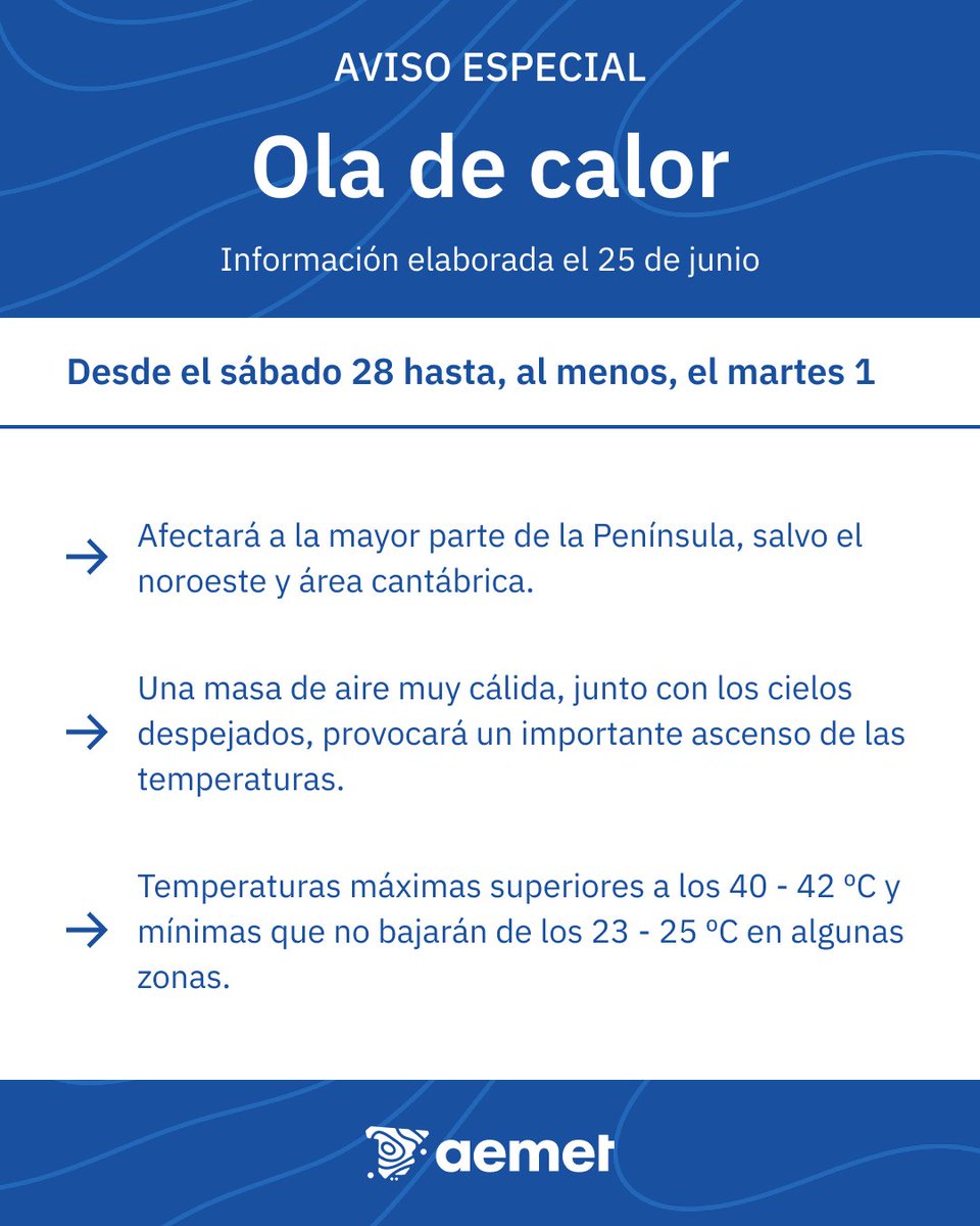 🚨¡Buenos días!🚨 Este sábado empieza la primera ola de calor del año. Así lo ha anunciado <a href="/AEMET_Esp/">AEMET</a>. Durará, como mínimo, hasta al martes. Hoy ya empezaremos a notar más calor, pero no será hasta el fin de semana que llegará lo peor 🔥