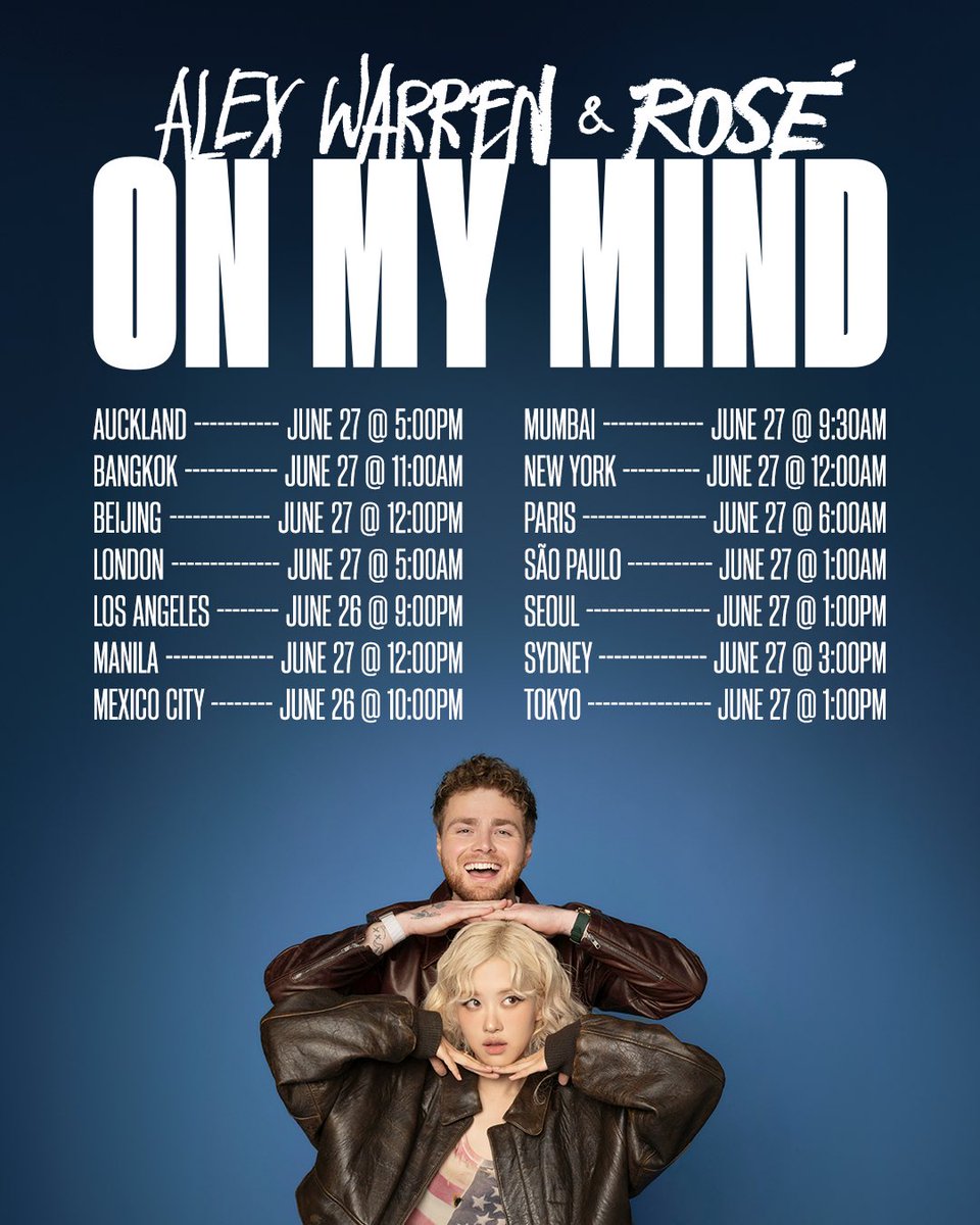 you’re on our mind number ones ♡ “On My Mind” single releases Friday June 27 at 12am ET 

pre-order limited edition 7” vinyl and CD: alexwarren.lnk.to/omm-7in

#Alex_ROSÉ_OnMyMind #OnMyMind