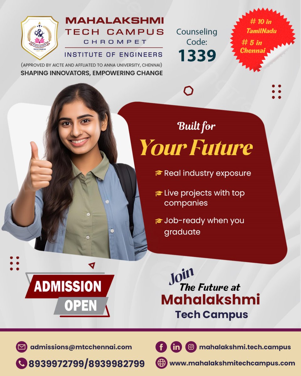 MahalakshmiTech's tweet image. 🎓 Ready to take your first step into a future full of opportunities? Gain real-world experience, work on live projects, and graduate job-ready. 
Your future starts here  Apply now!  

#engineeringcollege #admissionsopen #jobreadygraduates #futureengineers  #mahalakshmitechcampus