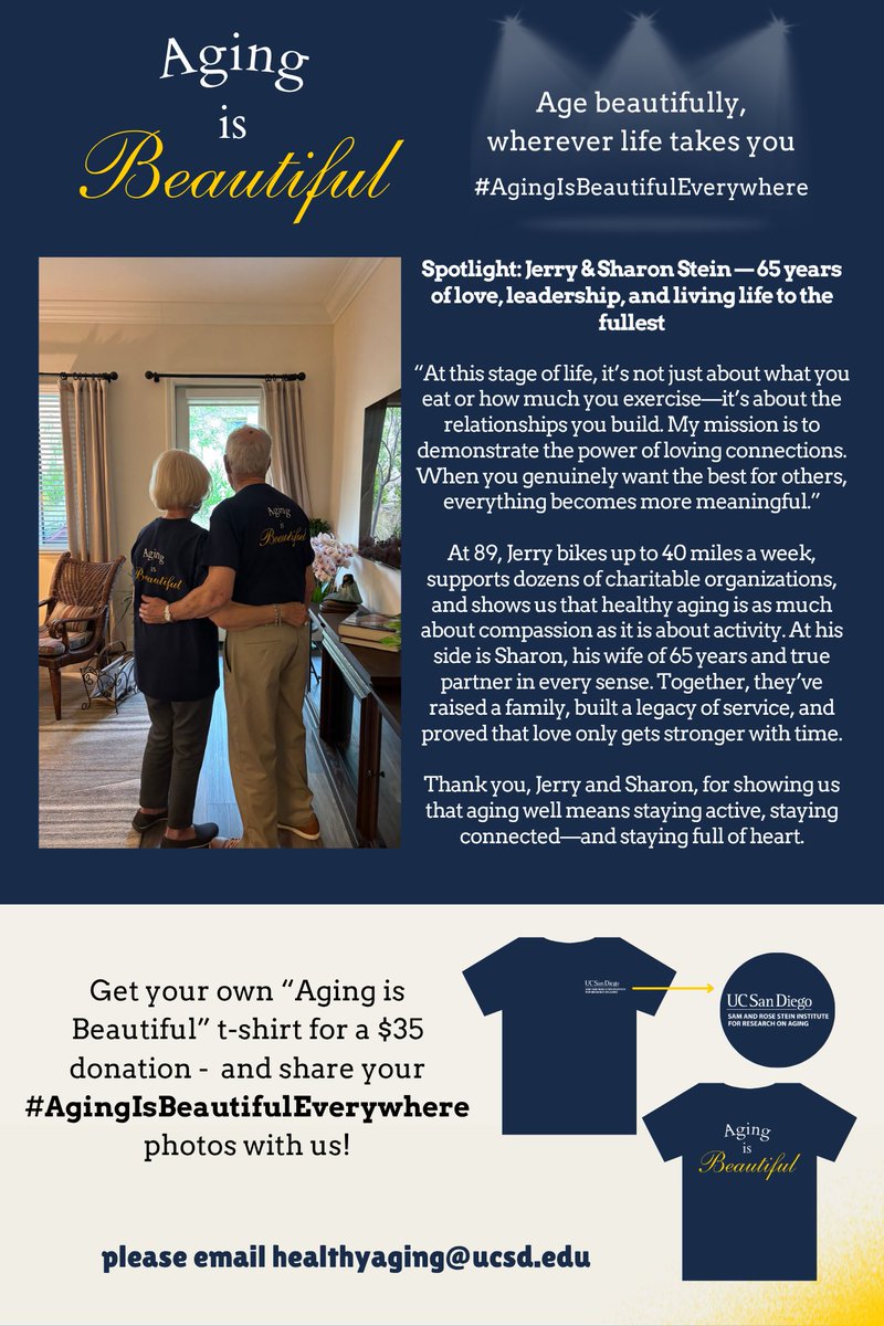 Meet Jerry &amp; Sharon Stein, this week's spotlight in the #AgingIsBeautifulEverywhere campaign! 

📸 Age Beautifully, Wherever Life Takes You. 

Stay tuned for more inspiring stories!  #UCSDHealthyAging #UCSDSteinInstitute