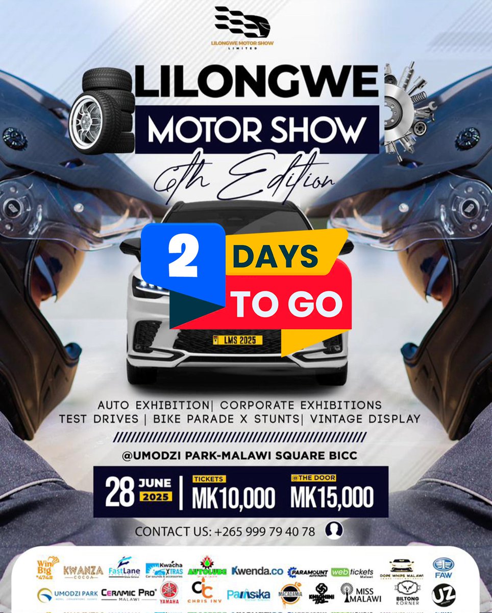 Atatepanda's tweet photo. Only 2 Days to Go Until the Engines Roar! 🔥🏁
📍 June 28, 2025 | Umodzi Park
🎟️ Tickets: MK10,000

Get ready for horsepower, style, and pure excitement.
Will you be there?

#LilongweMotorShow #MotorMadness #SpeedMeetsStyle https://t.co/GQQpd5V4oe