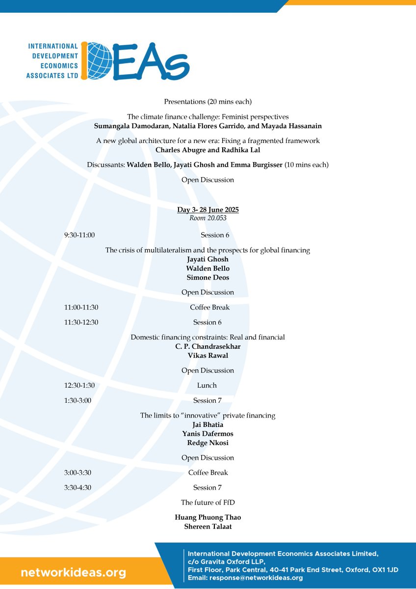 IDEAs (@deveconnetwork) on Twitter photo 🗣️ Today, we'll release our report on financing for development (tinyurl.com/2uzrtasd), followed by presentations & discussions until 28 June on research papers related to gender, climate, migration & more — ahead of #FFD4 Conference in Sevilla, Spain. See agenda attached ⬇️ 🗣️ Today, we'll release our report on financing for development (tinyurl.com/2uzrtasd), followed by presentations & discussions until 28 June on research papers related to gender, climate, migration & more — ahead of #FFD4 Conference in Sevilla, Spain. See agenda attached ⬇️