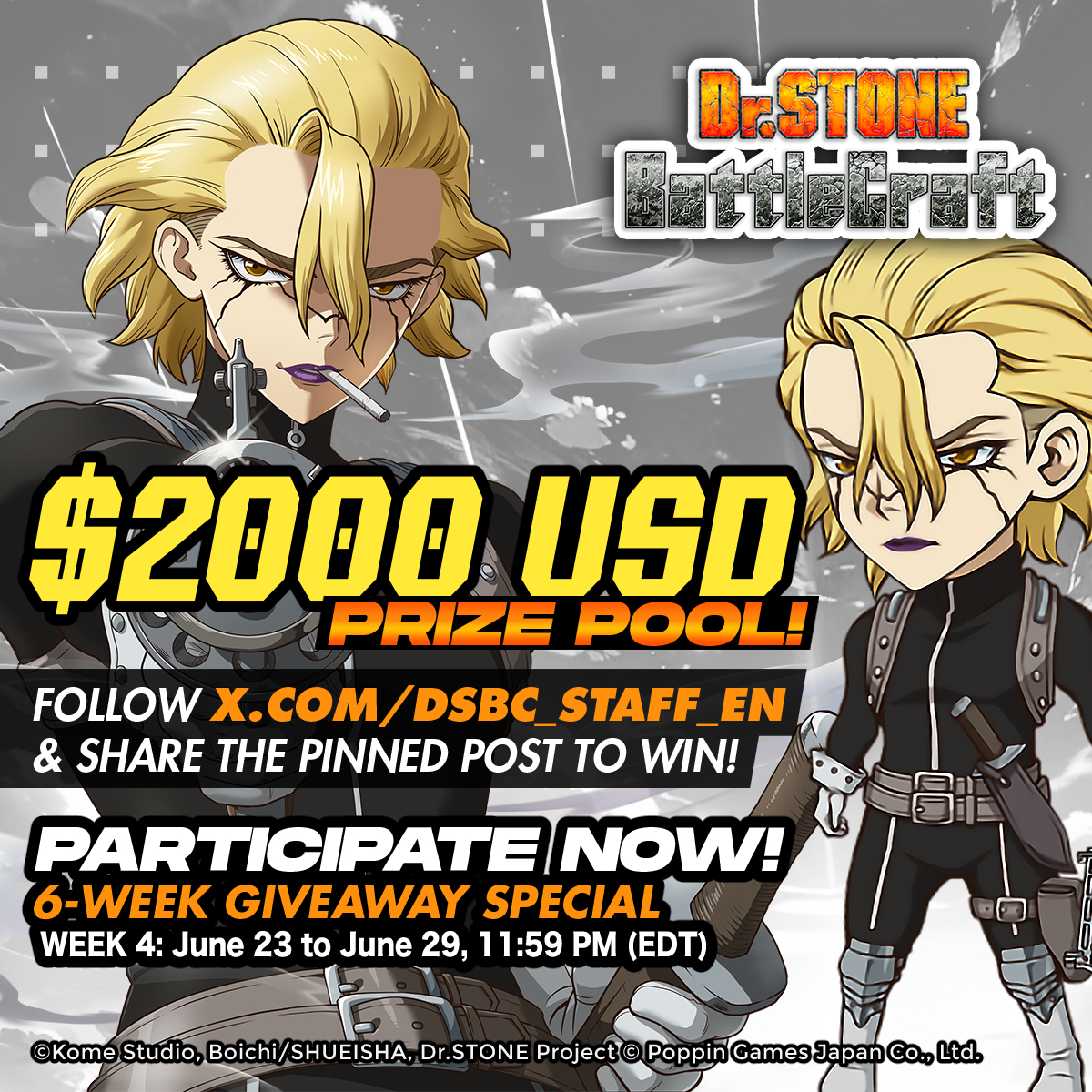 dsbc_staff_en's tweet photo. There's still time left to participate this week!🧪💥 

Repost and Like our pinned post of the week to participate every week!
You need to be following @dsbc_staff_en!

 #DrSTONE_BC
Full rules: https://t.co/Pam6RaTwUh https://t.co/jJ0TyEEkJb