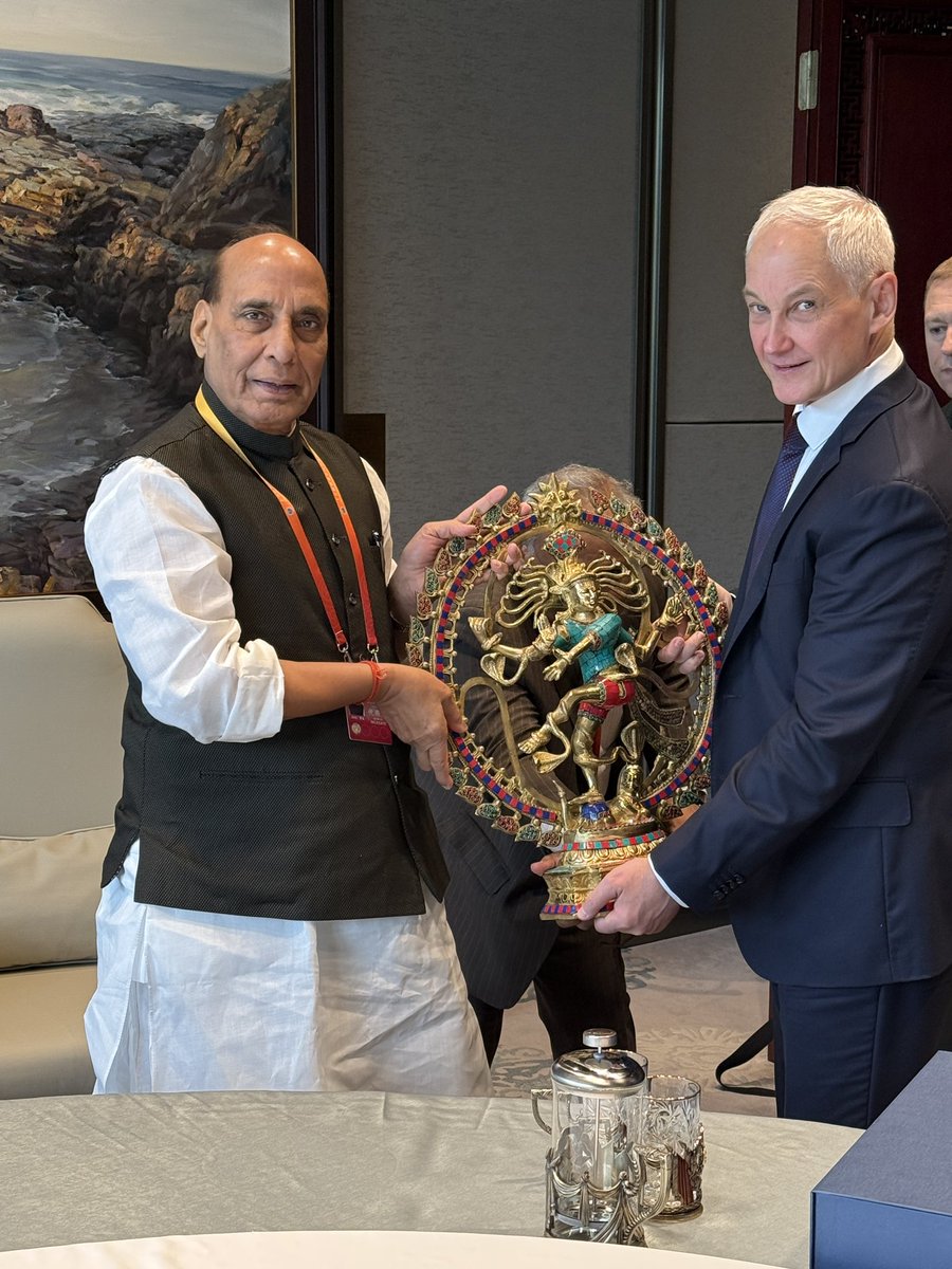 Happy to have met the Defence Minister of Russia, Andrey Belousov on the sidelines of SCO Defence Ministers’ Meeting in Qingdao. We had insightful deliberations on boosting India-Russia defence ties.