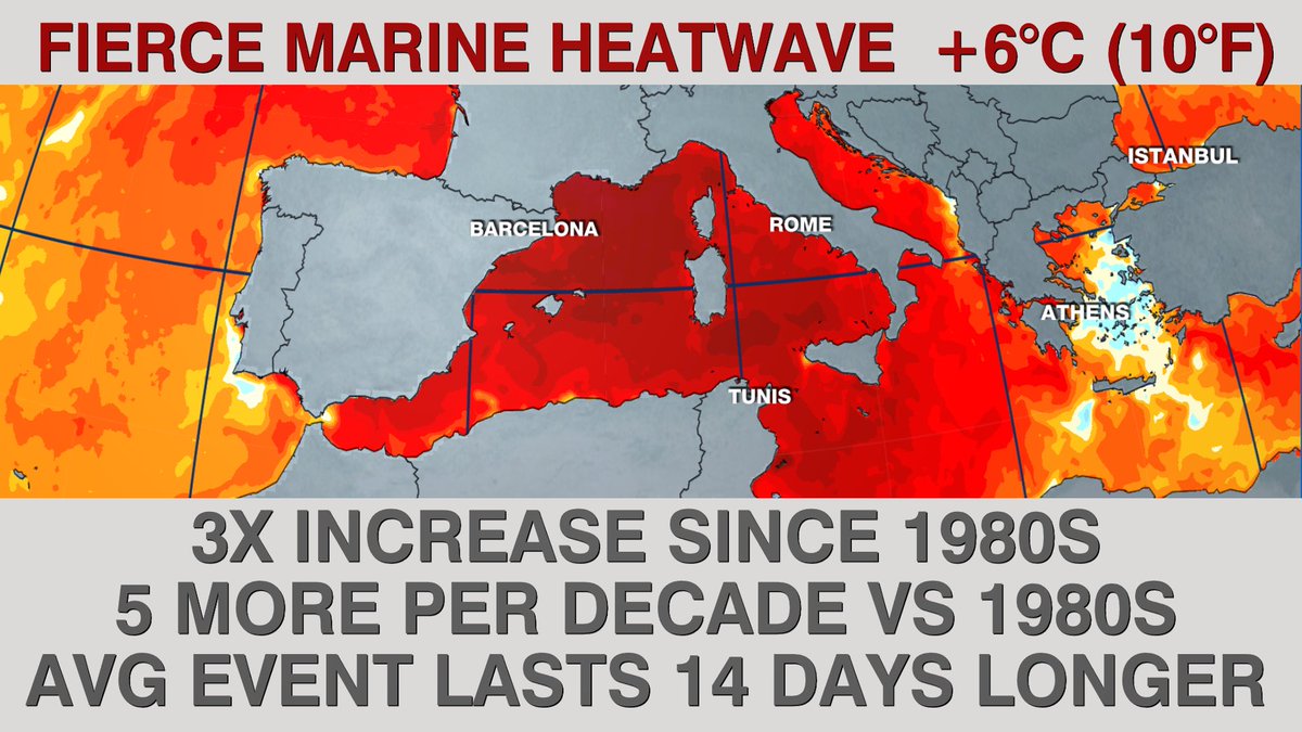 Record Mediterranean Sea #heatwave intensifying at 6C (10F) + above normal!
It’s not coincidence, it’s climate change.
Research shows a huge increase in frequency, intensity and duration of Med. heat waves since the 1980s. 
In fact, the long-term warming trend explains over 90%