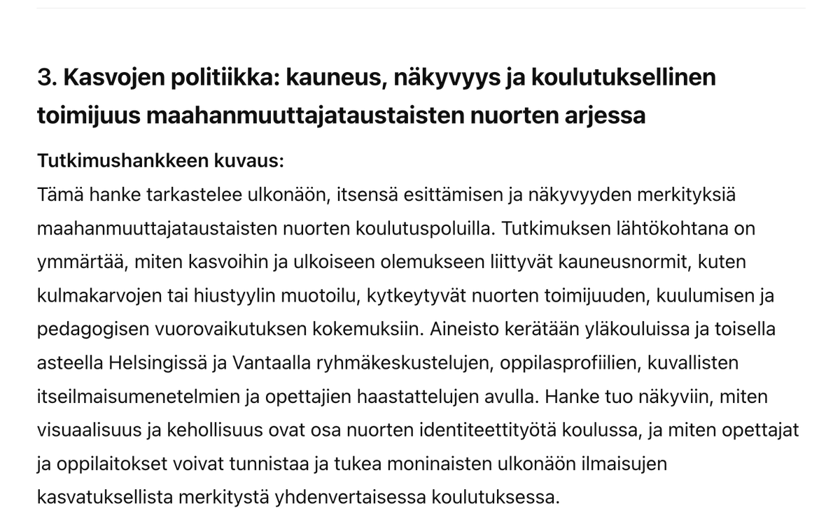 Piti kokeilla <a href="/AnuPeltola22/">Anu Peltola 🇫🇮 🇺🇦</a> innoittamana millaisia hankekuvauksia ChatGPT ehdottaisi kasvatustieteiden ja pedagogiikan alueelle oheisen "intiimi manikyyri" hankekuvauksen perusteella. Näillä nyt rahoituksia hakemaan siis.

x.com/AnuPeltola22/s…