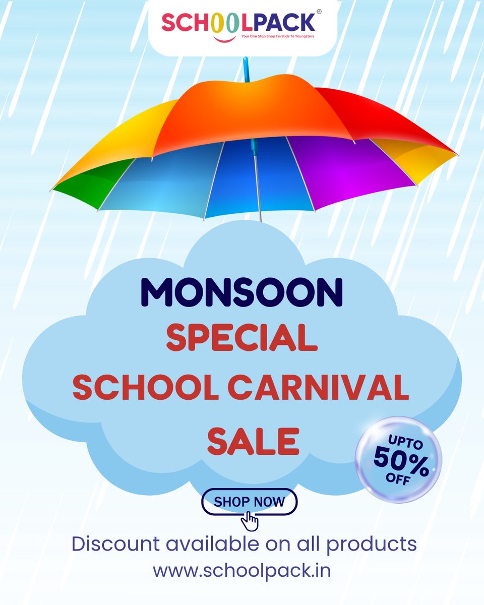 Schoolpack01's tweet image. 🌧️ Let the rain pour and the savings soar!
Enjoy the Monsoon Special School Carnival Sale with discounts up to 50% OFF on all products!
🛍️ Shop now at schoolpack.in and gear up for the season in style!
🎒📚👟✨
#SchoolPack #MonsoonSale #SchoolCarnival #RainyDayDeals