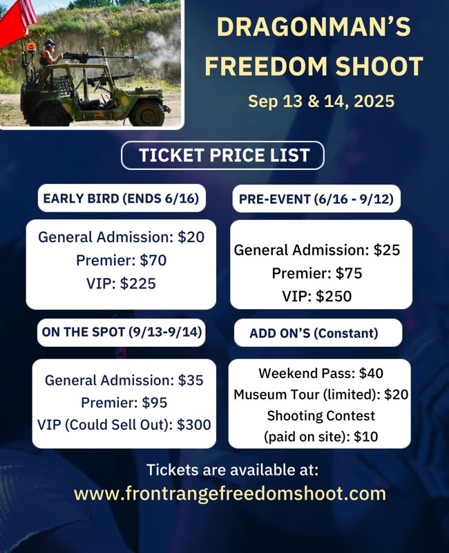 Get your general, premier and VIP tickets at frontrangefreedomshoot.com for exclusive  access to discounts and promotions on Thunder Beast Suppressors, plus: 

🎯 Demo 150+ Guns, Suppressors and Optics from 20+ Industry Shooting Vendors
🎯Rent Over 150+ Full Autos and Iconic