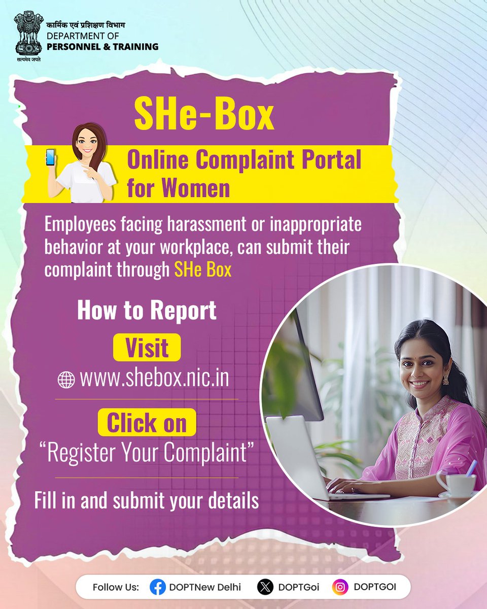 DoPTGoI's tweet image. Your Voice Matters. You Are Not Alone.

Facing harassment at the workplace?

SHe-Box portal provides a safe, confidential platform for women to report incidents of sexual harassment at work.

#DoPT #SHeBox #SafeWorkplace #SpeakUp #WomenSafety #EmpoweredWorkforce #WorkplaceRights